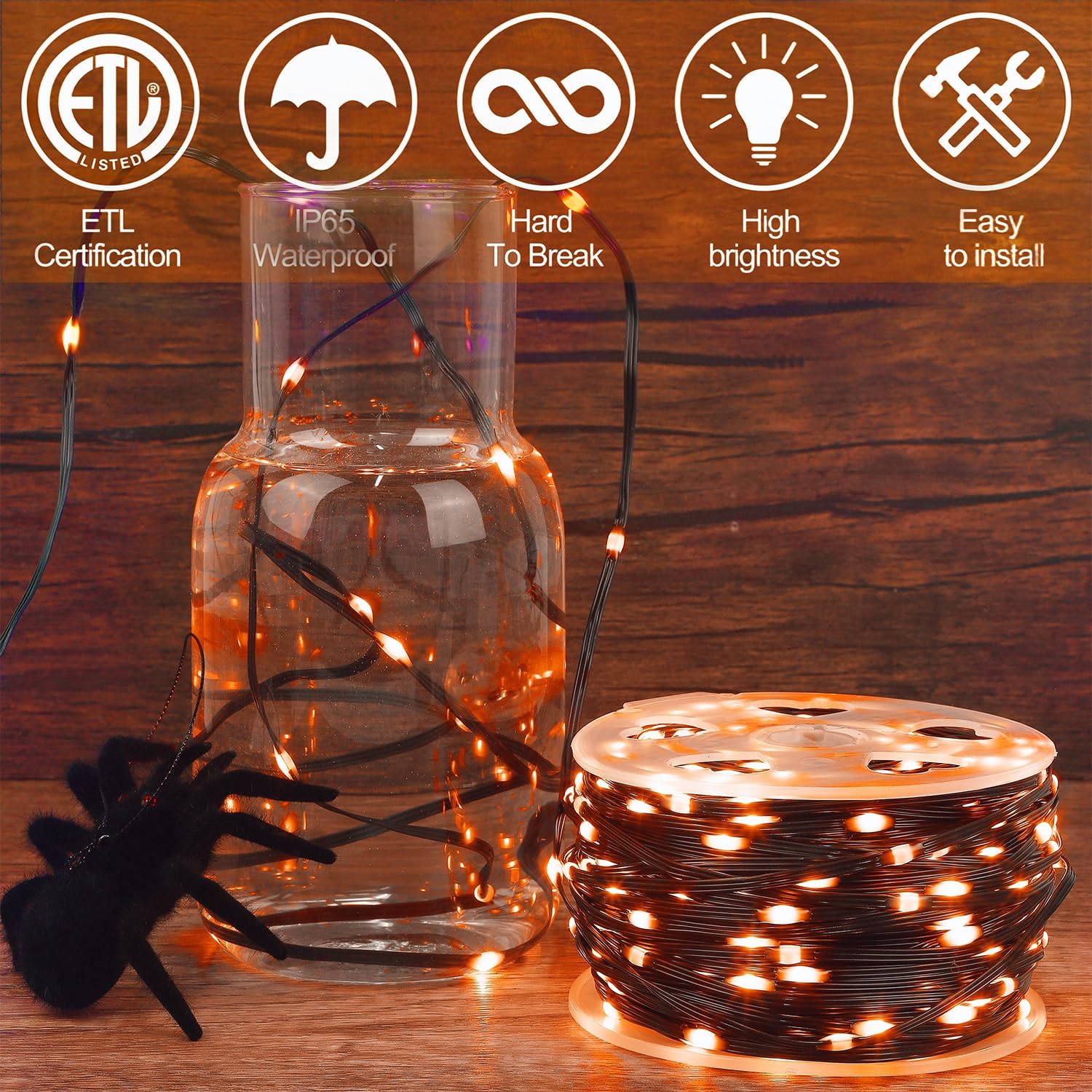 WATERGLIDE 1000 LED Outdoor Fairy String Lights, 328 FT, Orange PVC Copper Wire, 8 Modes, Waterproof, Model HBB-1000COI