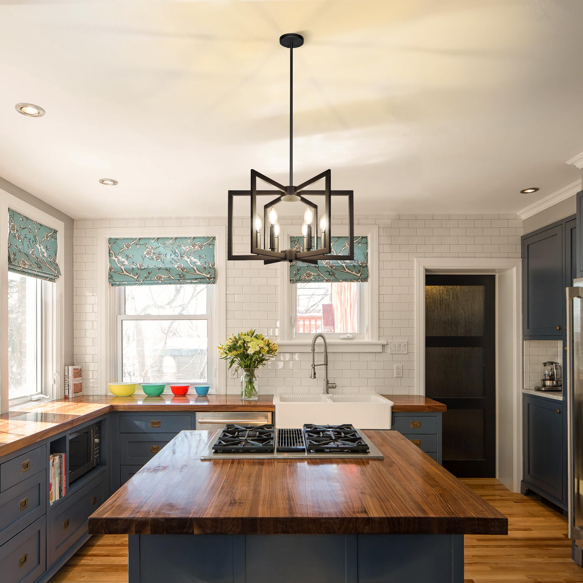 Klgxnrd 6-Light Modern Farmhouse Black Chandeliers For Entryway, Geometric Pendant Lights Kitchen Island, Hanging Industrial Met