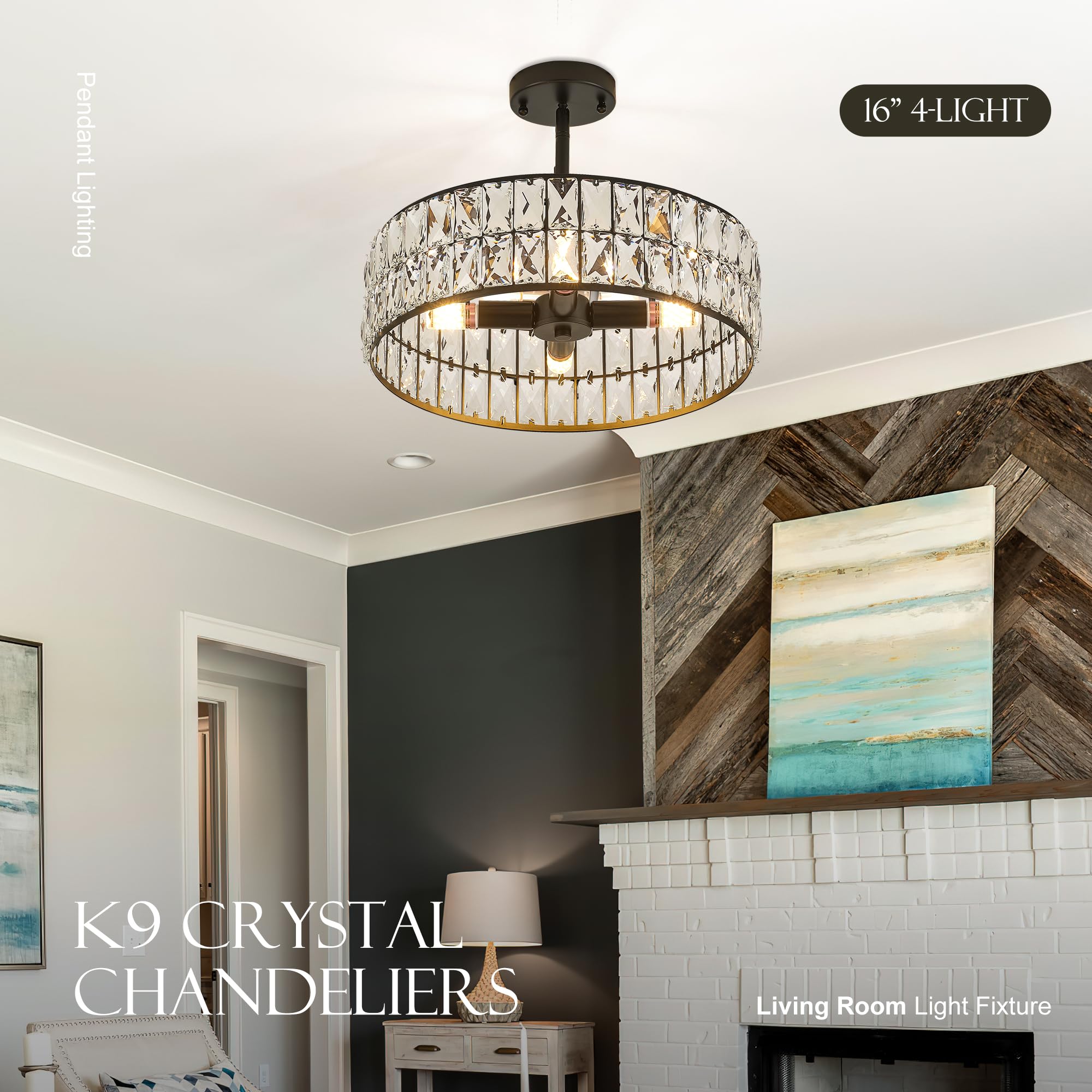 Salaiwei 16” 4-Light Modern Black Crystal Chandelier, Round Pendant Light Fixture for Dining Room, Kitchen Island, Living Room