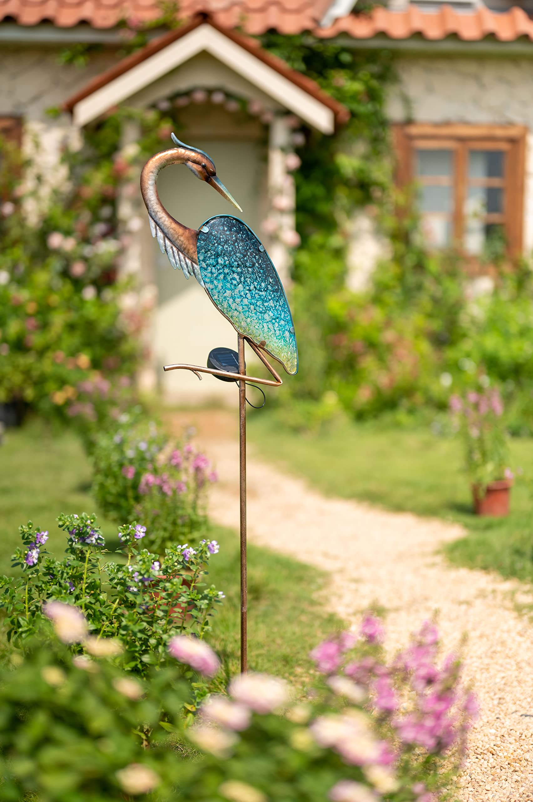 Teresa'S Collections Blue Heron Solar Lights, Metal Yard Art For Garden Decor, 43&quot;