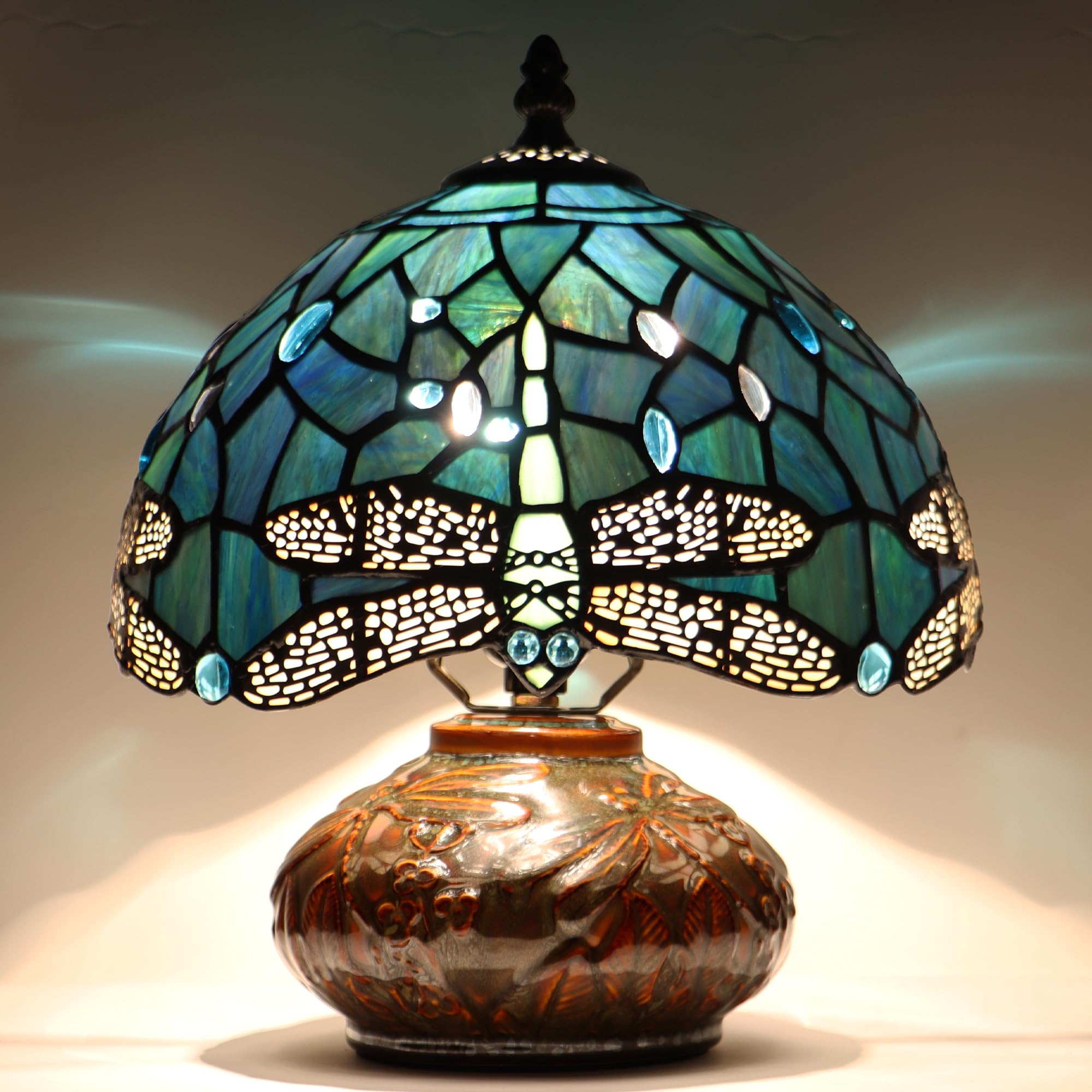 LXHCYOU Small Tiffany Table Lamp, 10X10X11 Inch Mini Stained Glass Mushroom Desk Light Memory Sympathy Ceramic lamp (Sea Blue Dr
