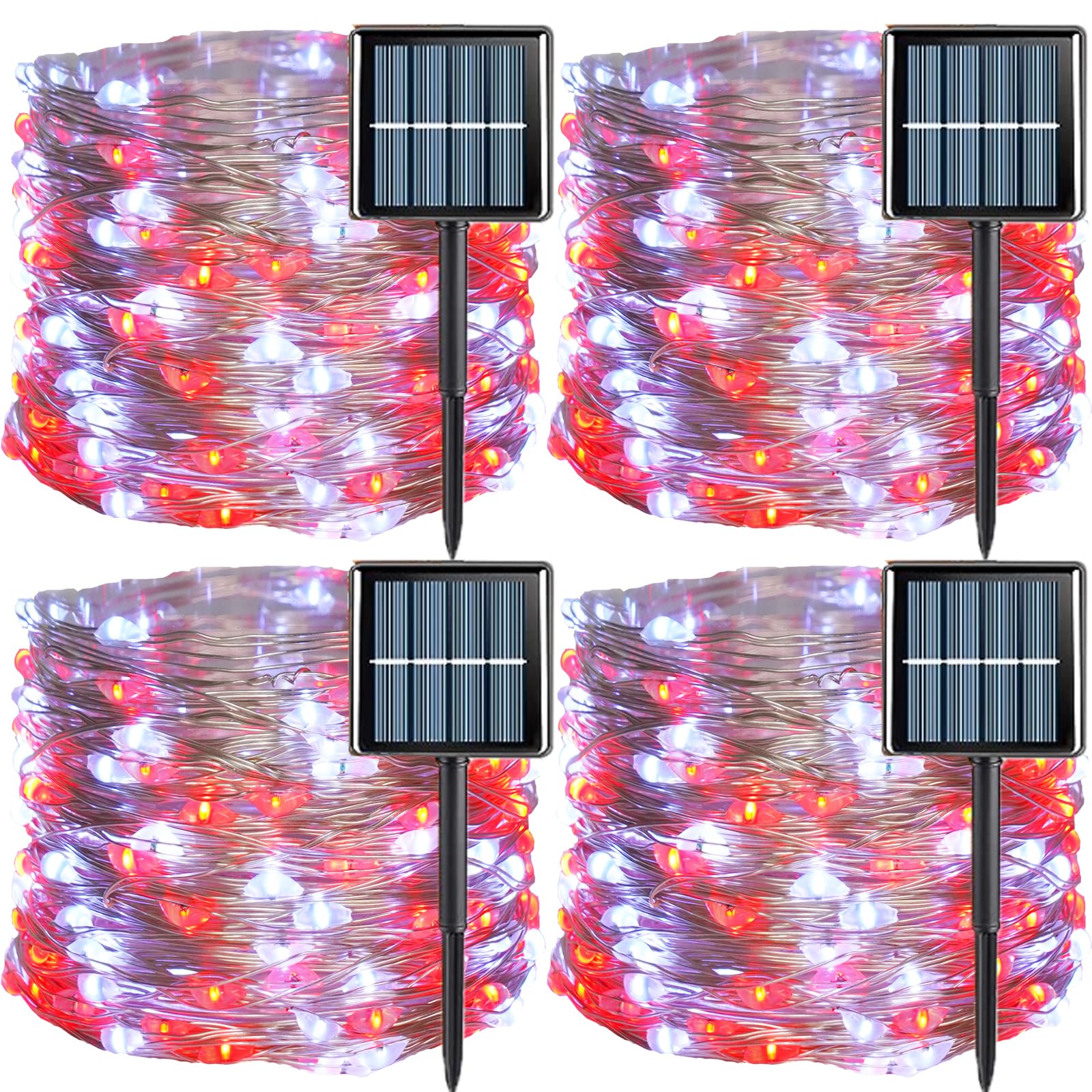 QITONG 4 Pack Red and White Solar Fairy Lights, Each 33ft 100 LED Christmas Lights, 8 Modes Silver Wire Solar String Lights
