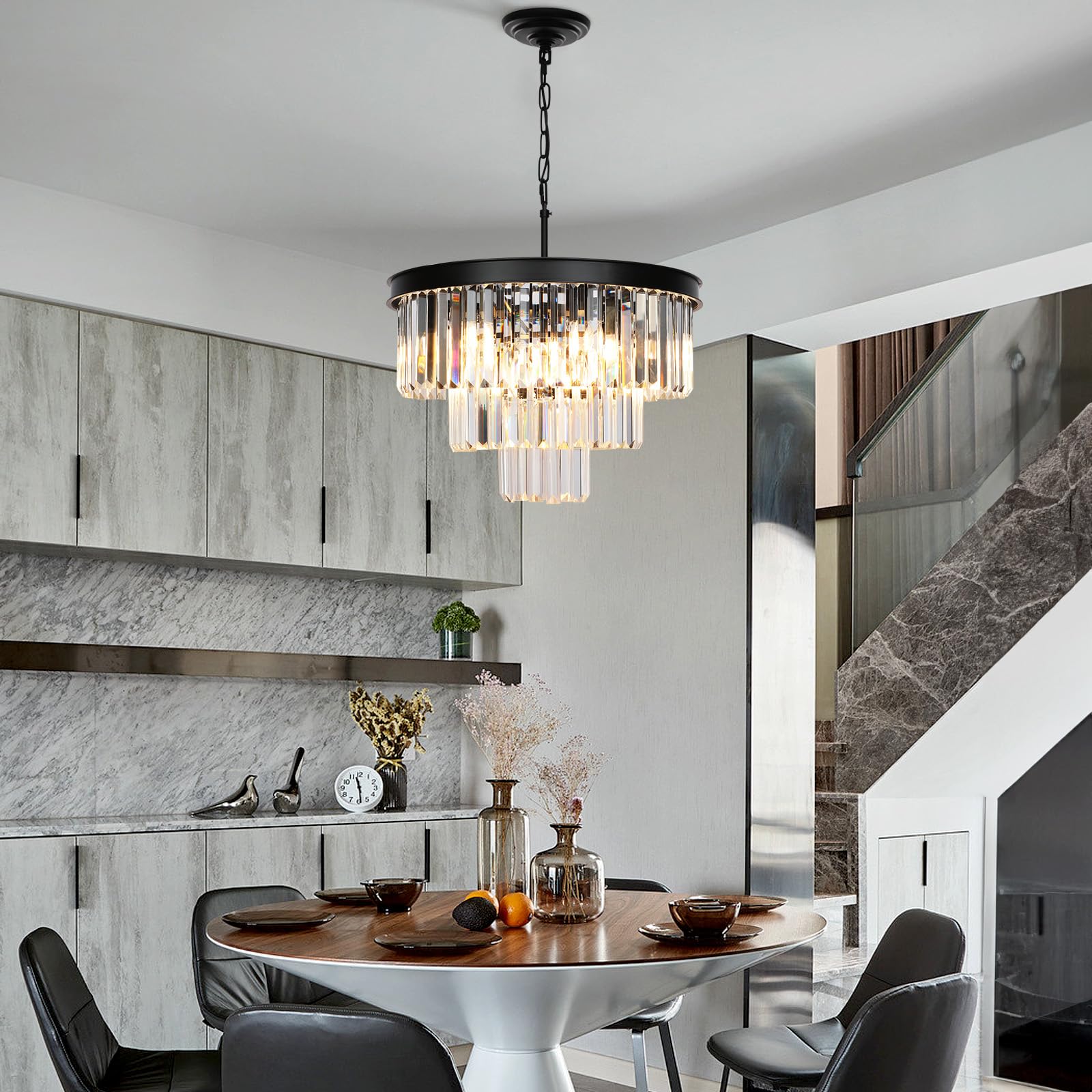 Weesalife 9-Light Black Crystal Chandelier, 3-Tier Round Lighting Fixture For Dining Room, D20&quot;