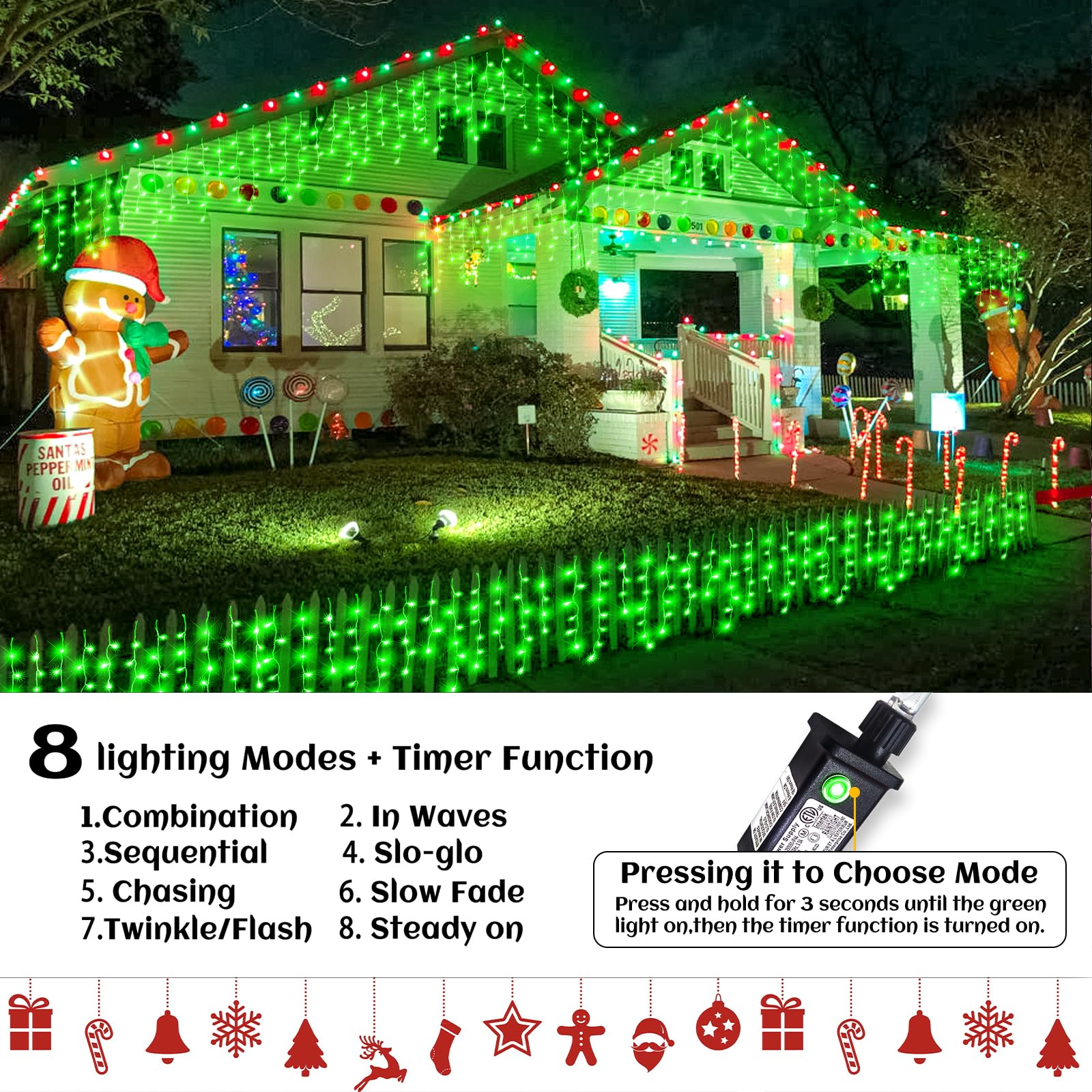 33Ft Icicle Lights For Outside, Green Christmas Lights Outdoor Waterproof, 400 Led Twinkle Tree With 75 Drops Clear Wire Short C