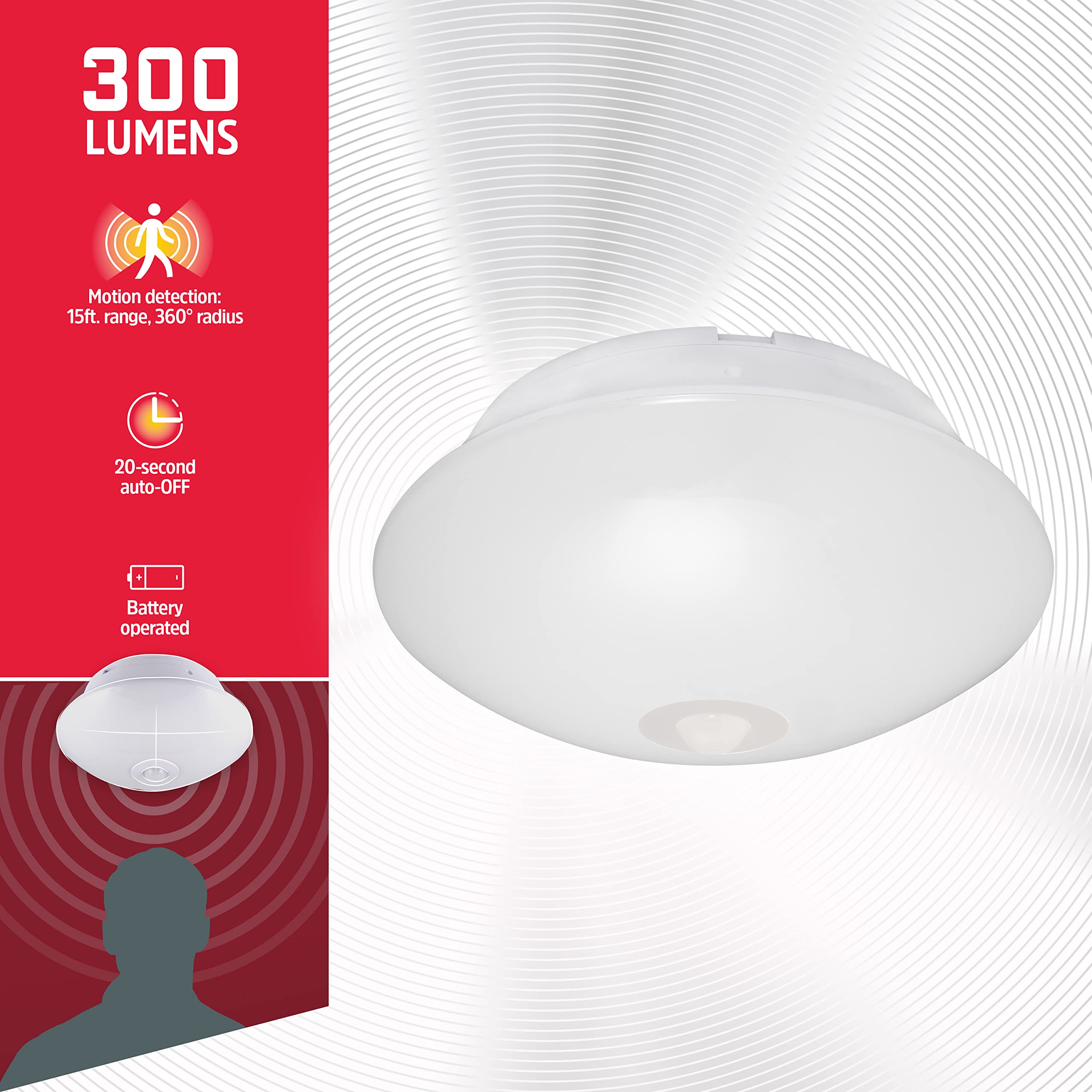 Energizer Motion-Activated Led Ceiling Light, Battery Operated, 300 Lumens, No Wiring Needed, 15Ft. Motion Sensing, Great For La