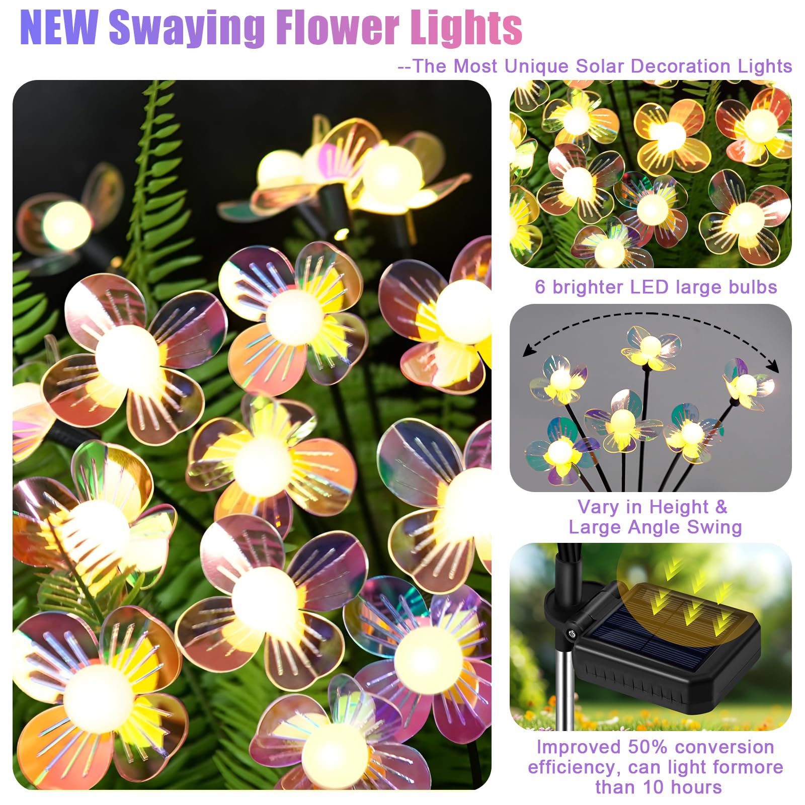 NBQQ Solar Firefly Lights - 4-Pack Waterproof Outdoor Decor, Iridescent Petals, Warm White Glow, Upgraded Flowers Swaying