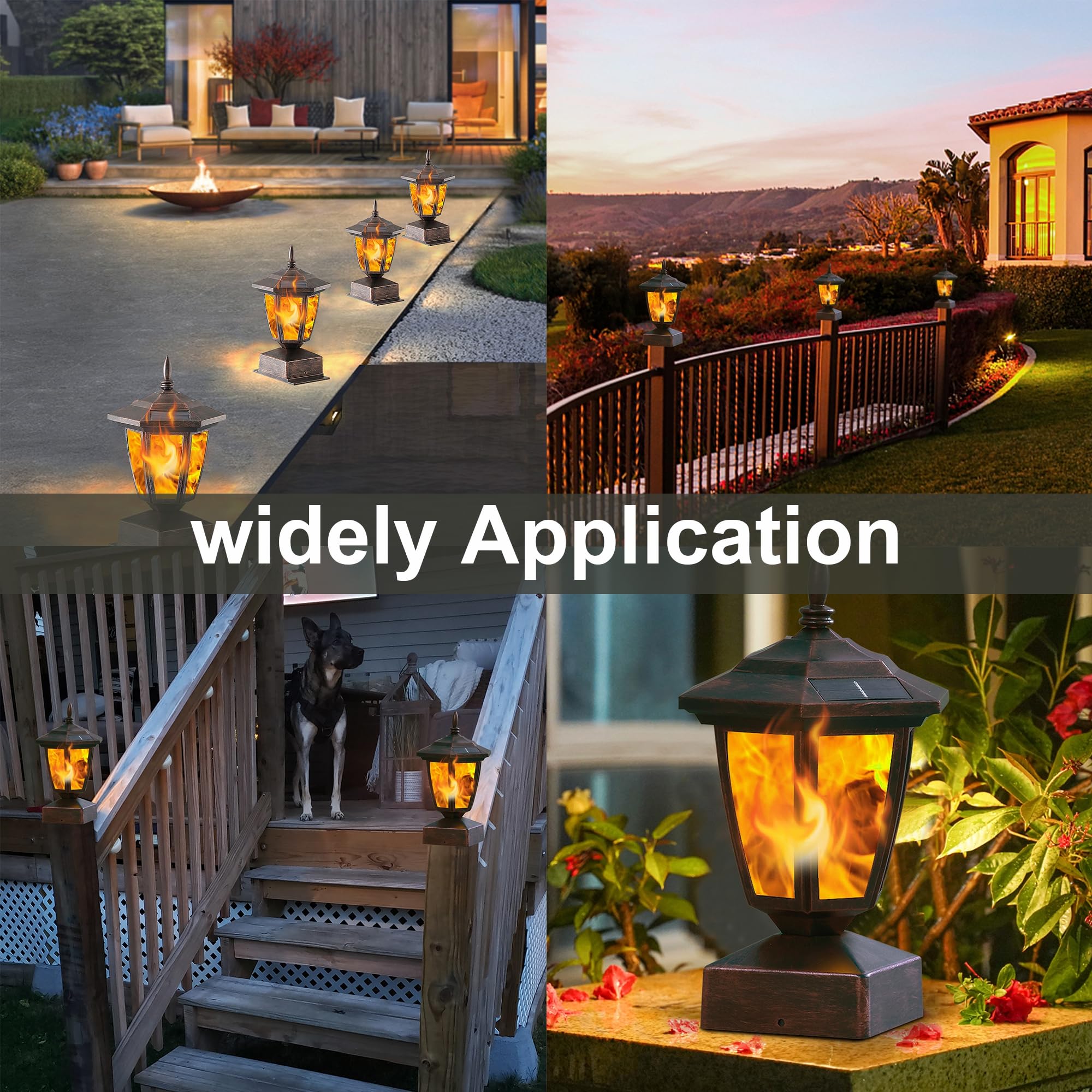 Dynaming 4 Pack Solar Flame Post Lights Outdoor, Solar Powered Lamps Fence Post Cap Lights, Flickering Flame Led Lantern Waterpr