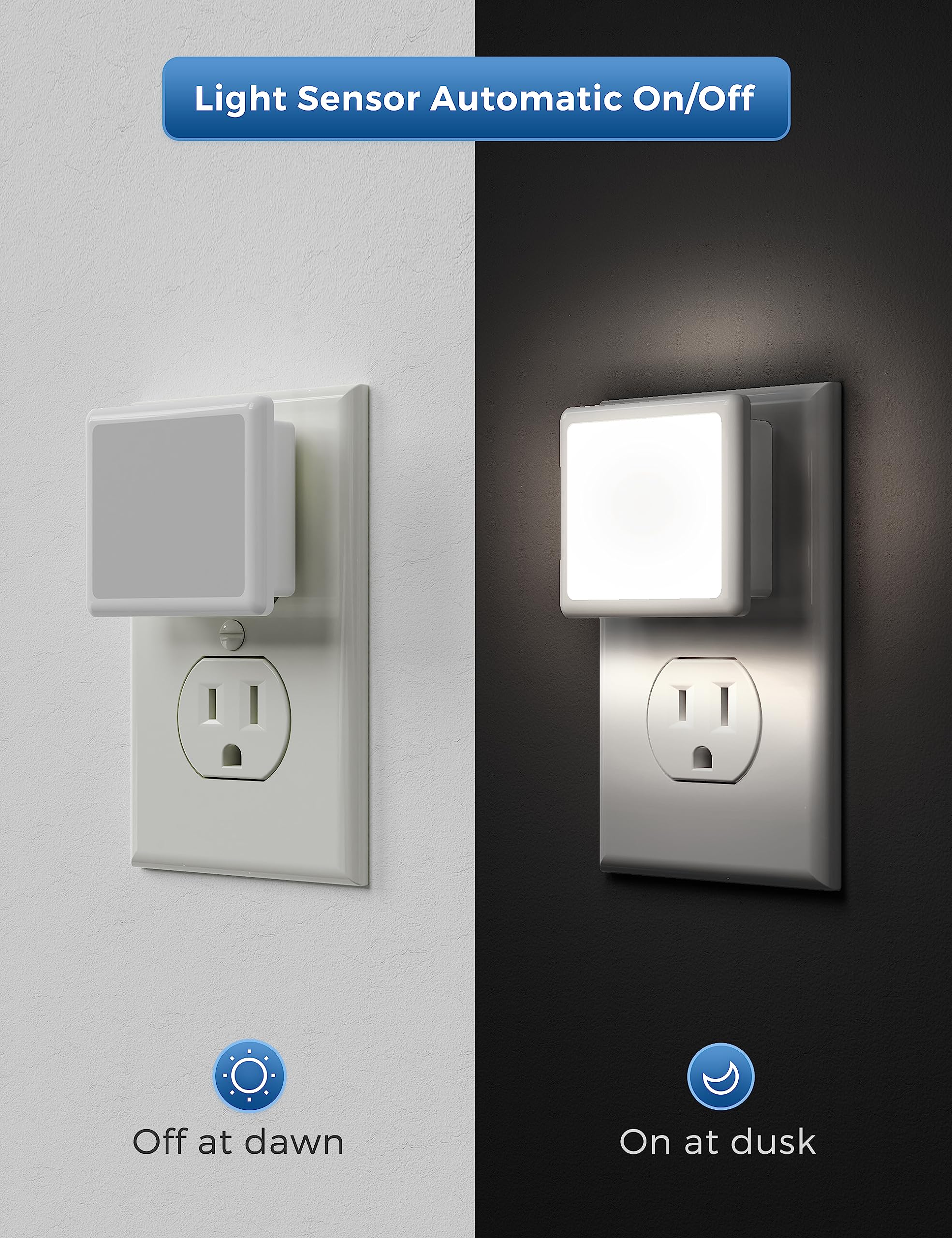 L LOHAS LED Night Lights 6-Pack, Dusk-to-Dawn Sensor, 5000K Daylight, Plastic, Auto-On/Off for Bedroom, Bathroom, Kitchen