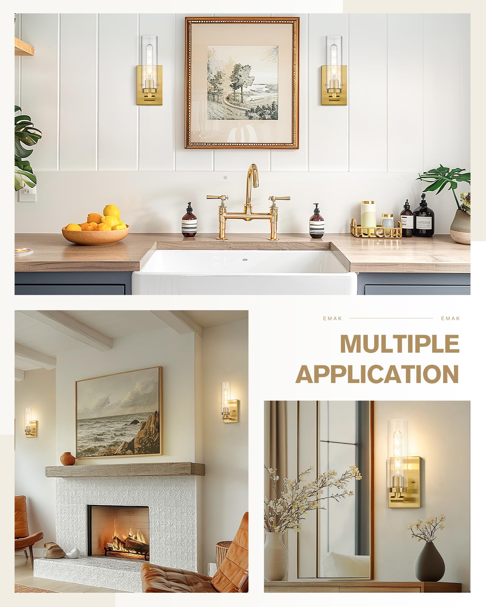Emak Wall Sconces Set Of Two  Modern Brushed Gold Sconce With Clear Glass Shade  Bathroom Lighting Fixtures For Mirror  Living Room  Bedroom  Gallery  Ws086-Bgd-Cg-2Pk