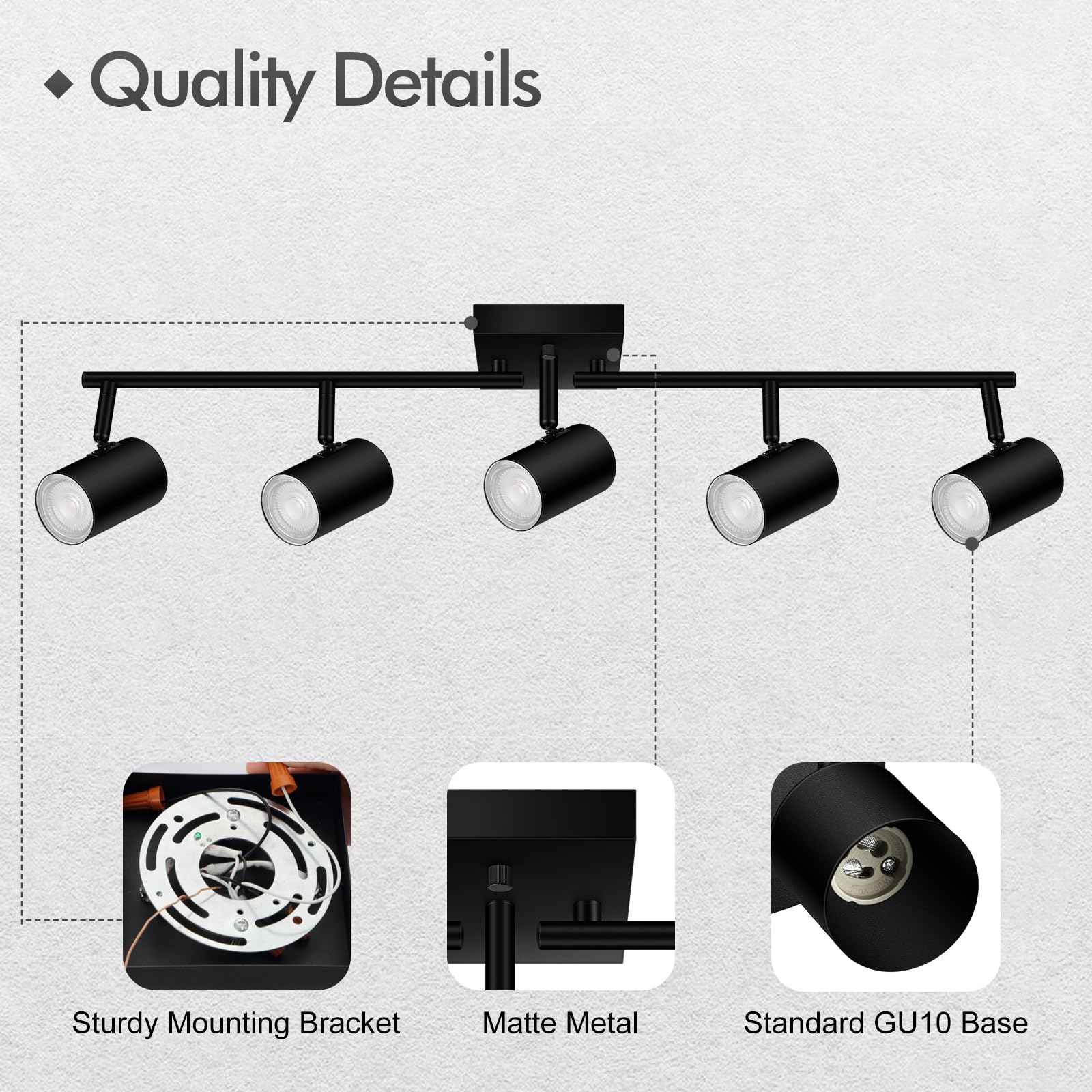 Auquee 5 Light Track Lighting Fixtures Ceiling, Matte Black Kichen Track Lighting, Rotatable Light Heads, Adjustable Modern Led