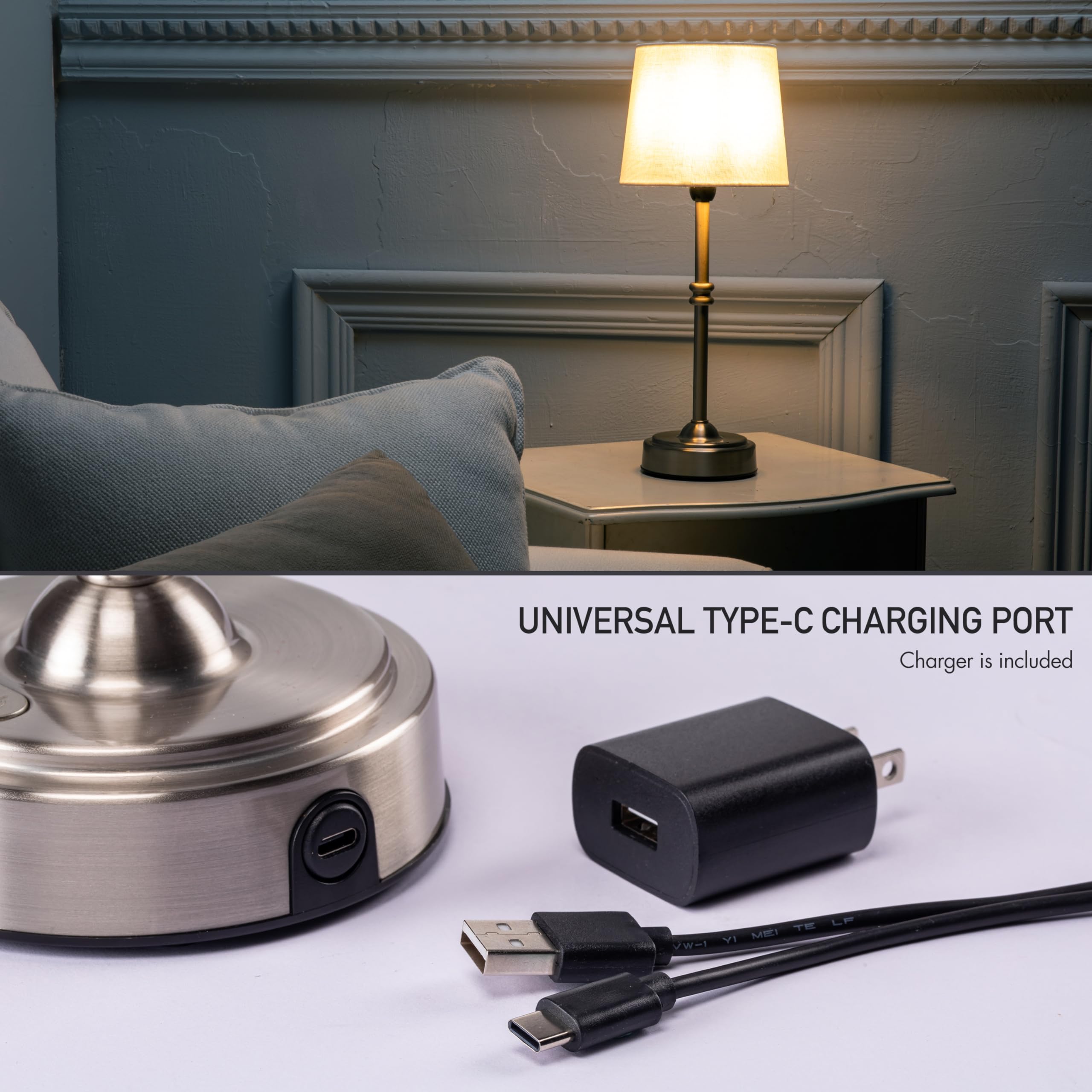 O'Bright Cordless LED Table Lamp, Dimmer & Rechargeable Battery, 3-Level Brightness, Brushed Nickel, Model OB-TL19B
