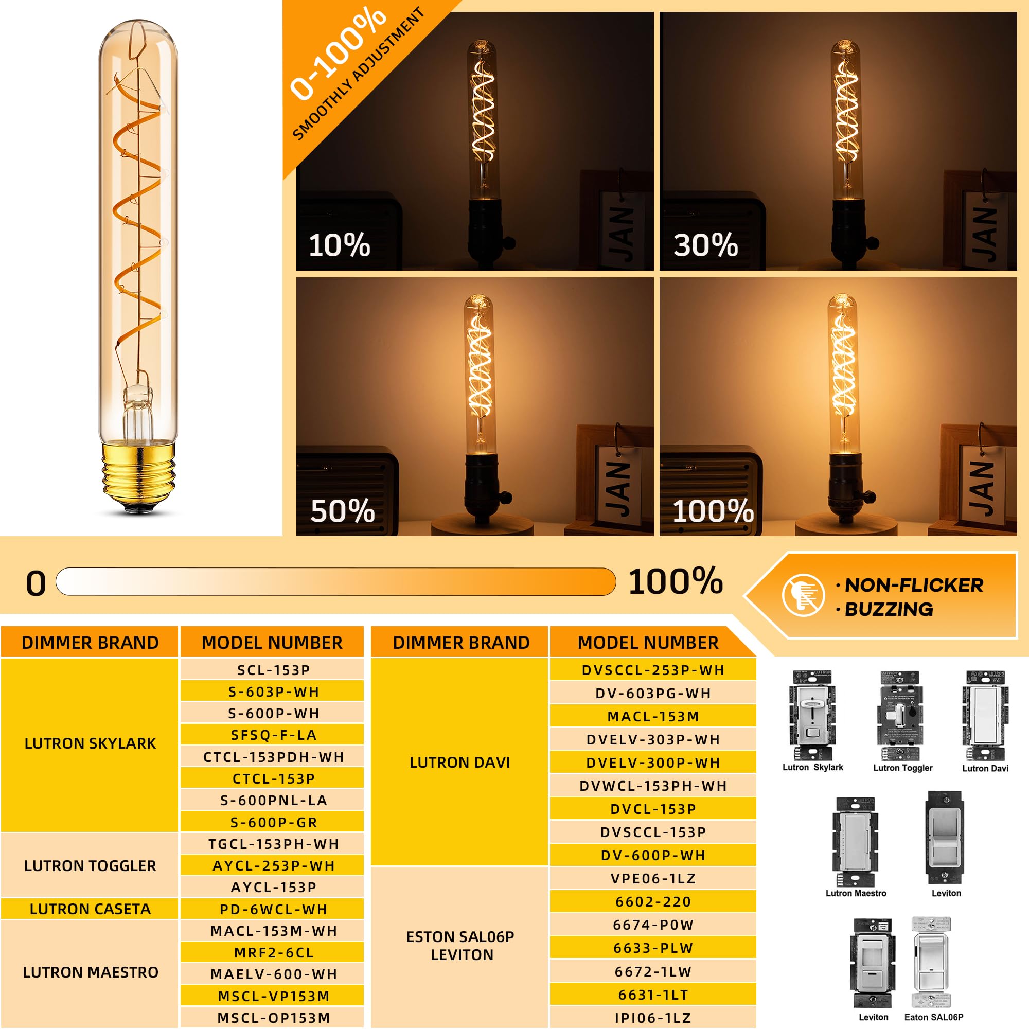 E26 Tubular Led Light Bulbs 40Watt,7.3Inch T10 Tube Long Light Bulb Dimmable,4W Thin Vintage Edison Led Filament Decorative Anti