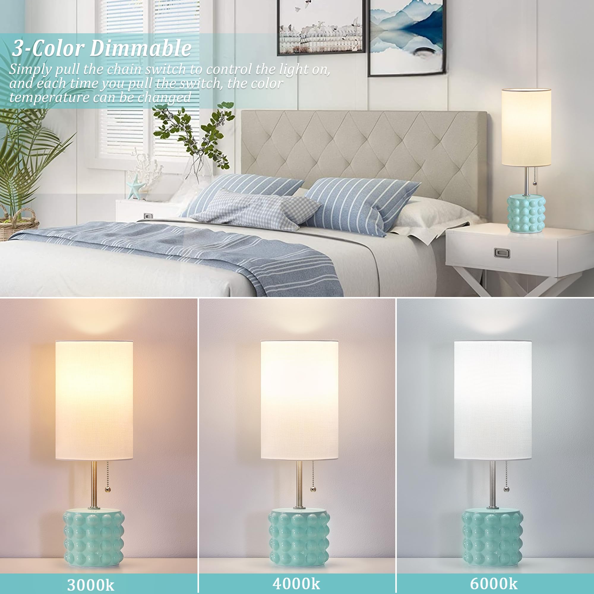Gyrovu Ceramic Table Lamp Set Of 2, Small Bedside Table Lamps, Modern Pull Chain Nightstand Lamps With Fabric Shade, Blue Desk L