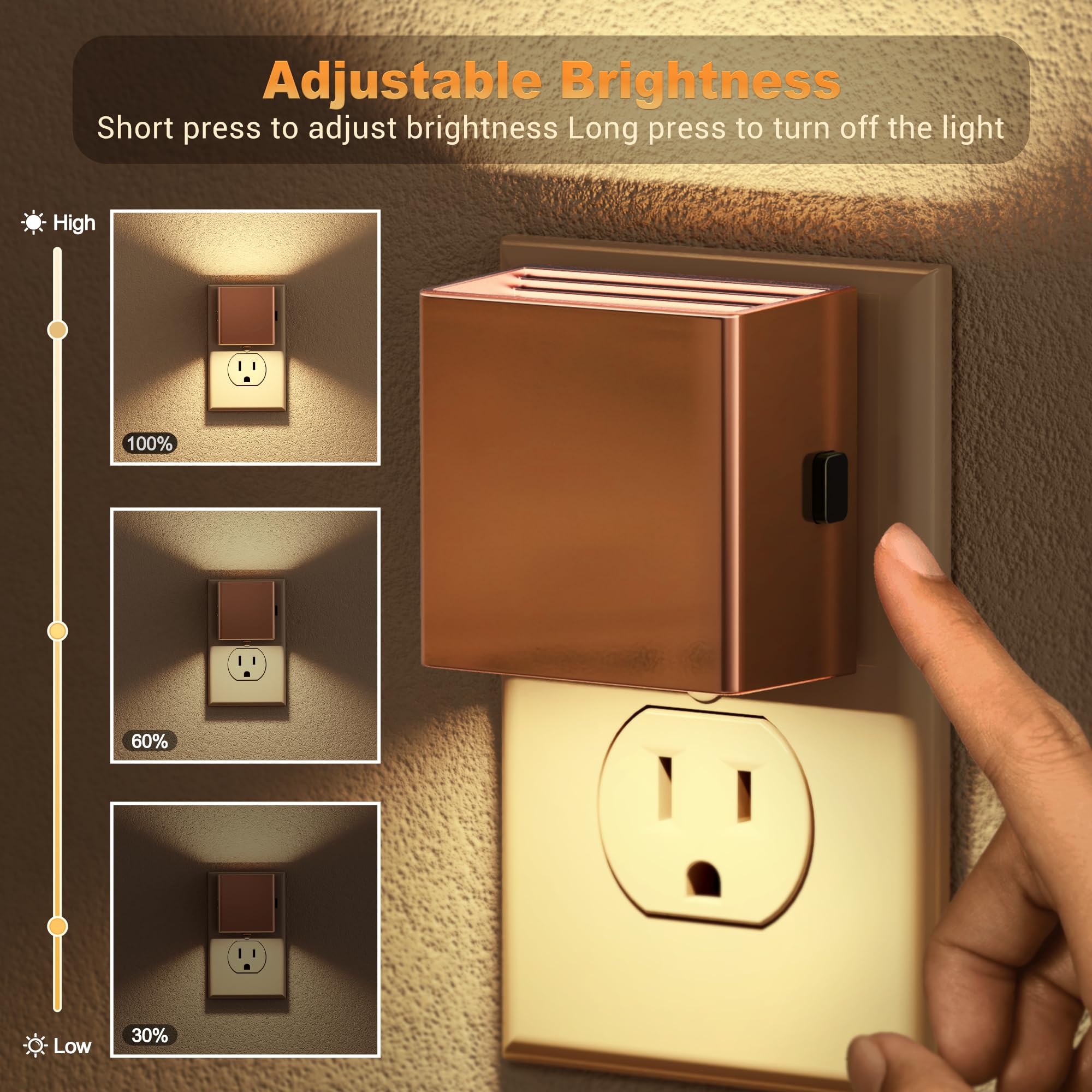 JandCase Night Light, Adjustable Brightness, 2 Pack, Square, Rose Gold-1, Model GY106RG, Plastic