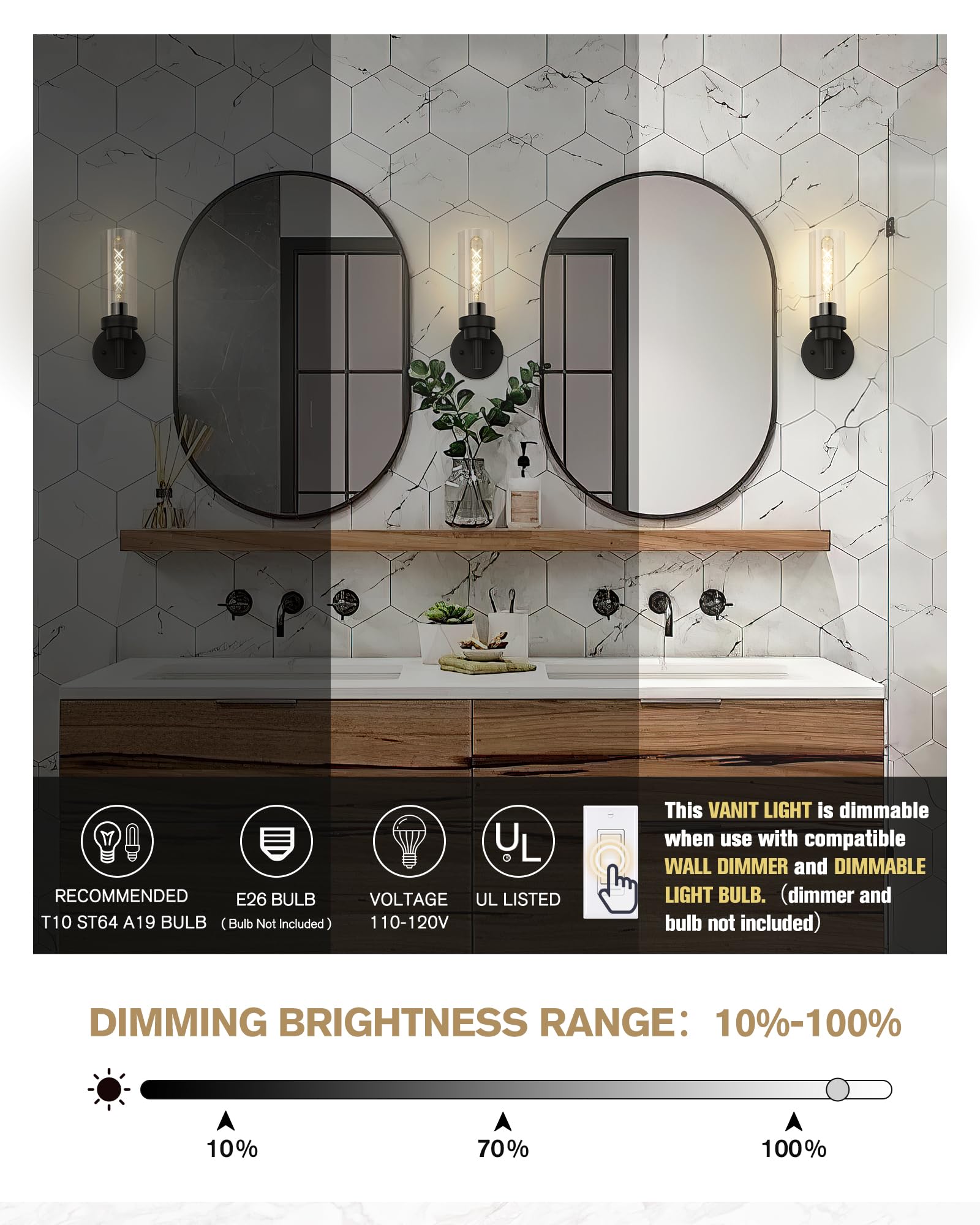 Emak Black Wall Sconces Set Of Two, Modern Vanity Lights With Clear Glass Shade, Wall Lights For Bathroom, Bedroom, Living Room,