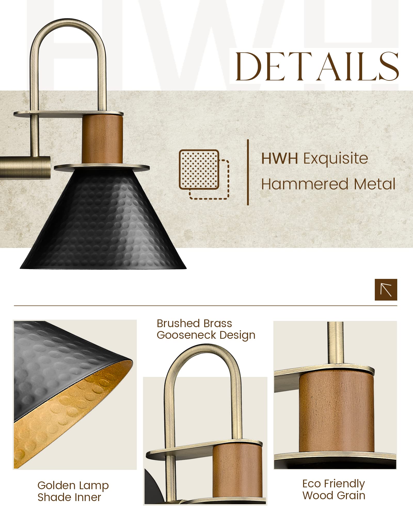 Hwh Modern Wall Sconces Set Of 2, Industrial Gooseneck Lighting, Hammered Metal, Black & Gold