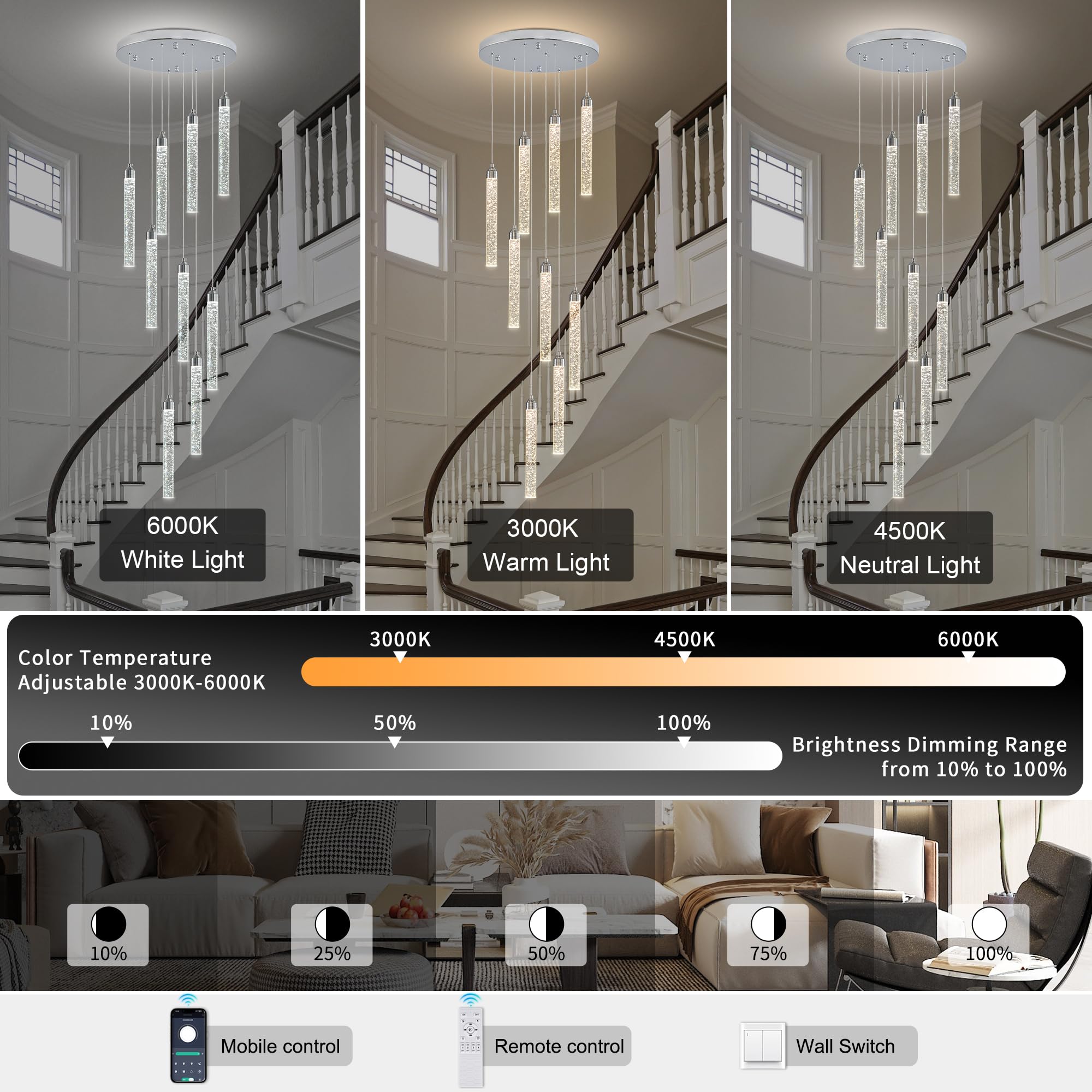 YwueChwu Crystal Staircase Chandelier, 9 Lights, Dimmable LED, Silver, Model YWSC-S09-0116