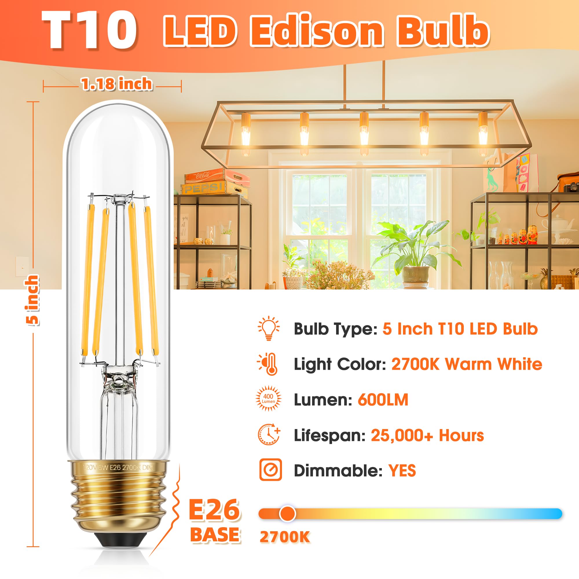 Ggoying Dimmable E26 Led Bulb 60W Equivalent, 600Lm Warm White 2700K E26 Edison Bulbs, 6W Tubular T10 Led Bulb For Rustic Pendan