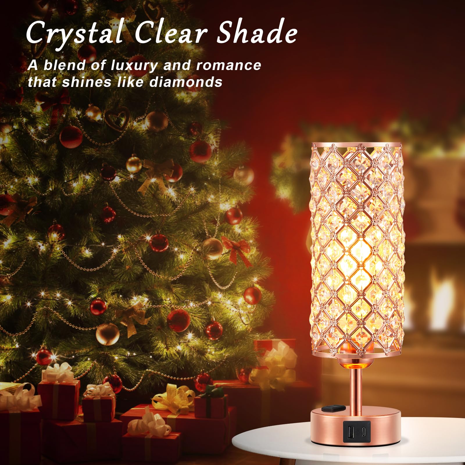 Hong-in Rose Gold Crystal Table Lamp Set of 2, Dimmable Touch Control, USB-C & AC Ports, 4.33" Nightstand Light, Bulb Included