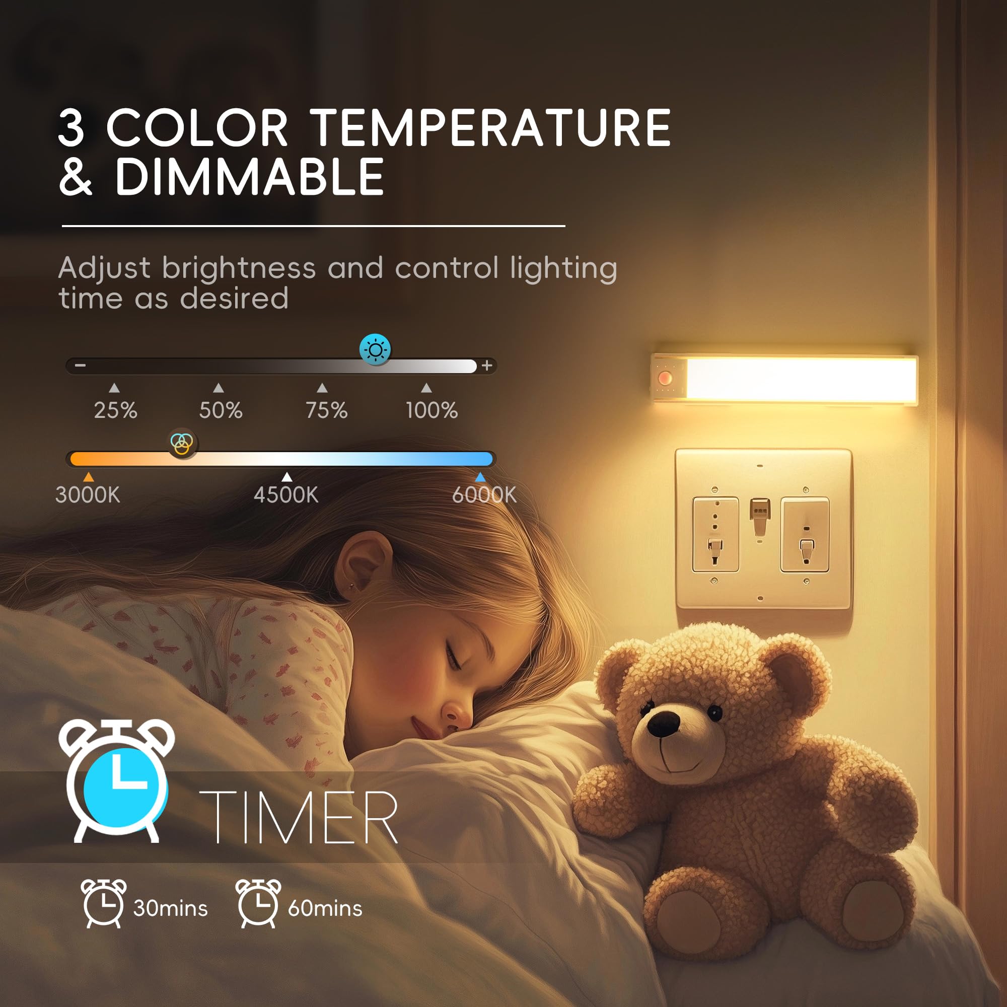lexall 3 Pack Under Cabinet Lighting - 60 LED Rechargeable Motion Sensor Light, Dimmable RGB, 3x7.87inch, Silver with Charging Station
