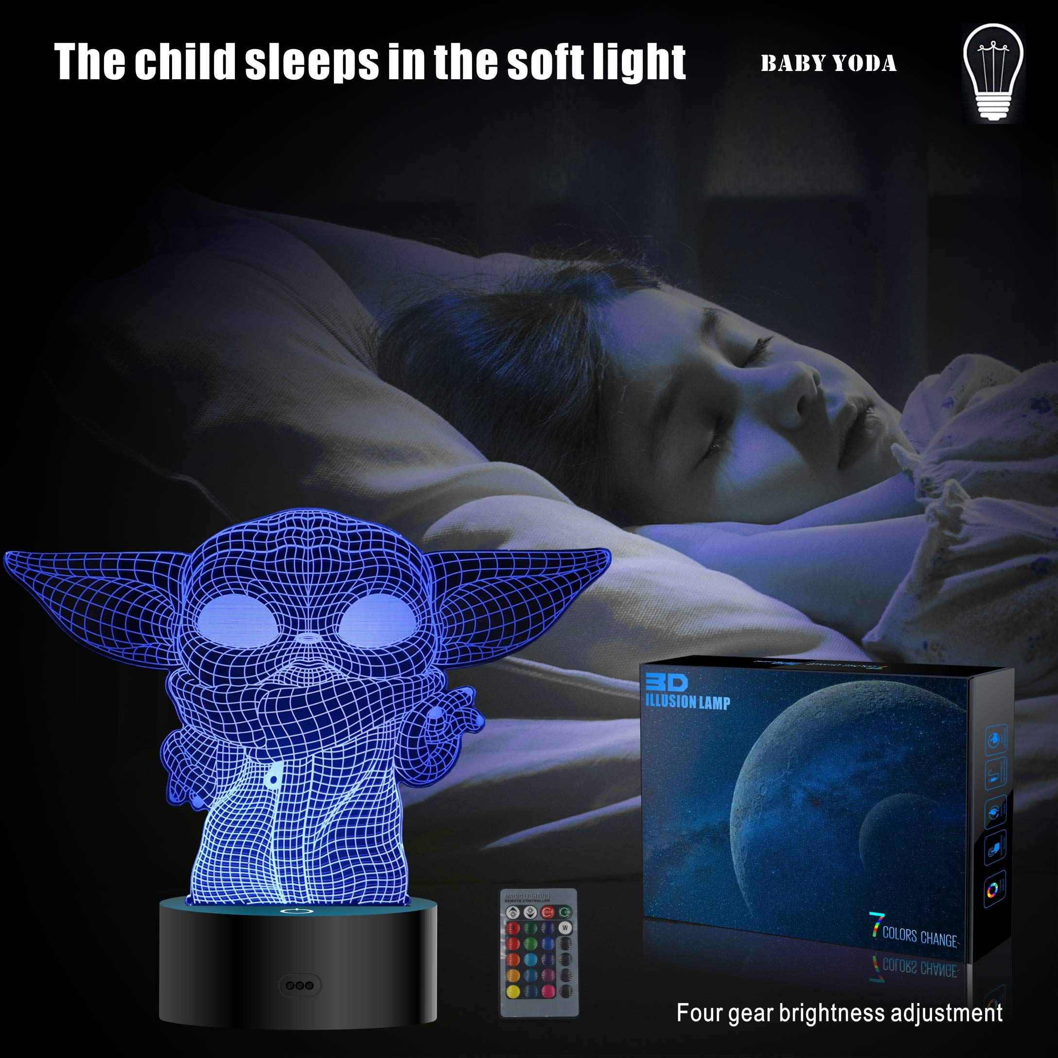 MOSSOM 3D Illusion Lamp - Baby Yoda Night Light, 7 Color Change, Large, Black, Star Wars Gifts for Kids and mature-themeds