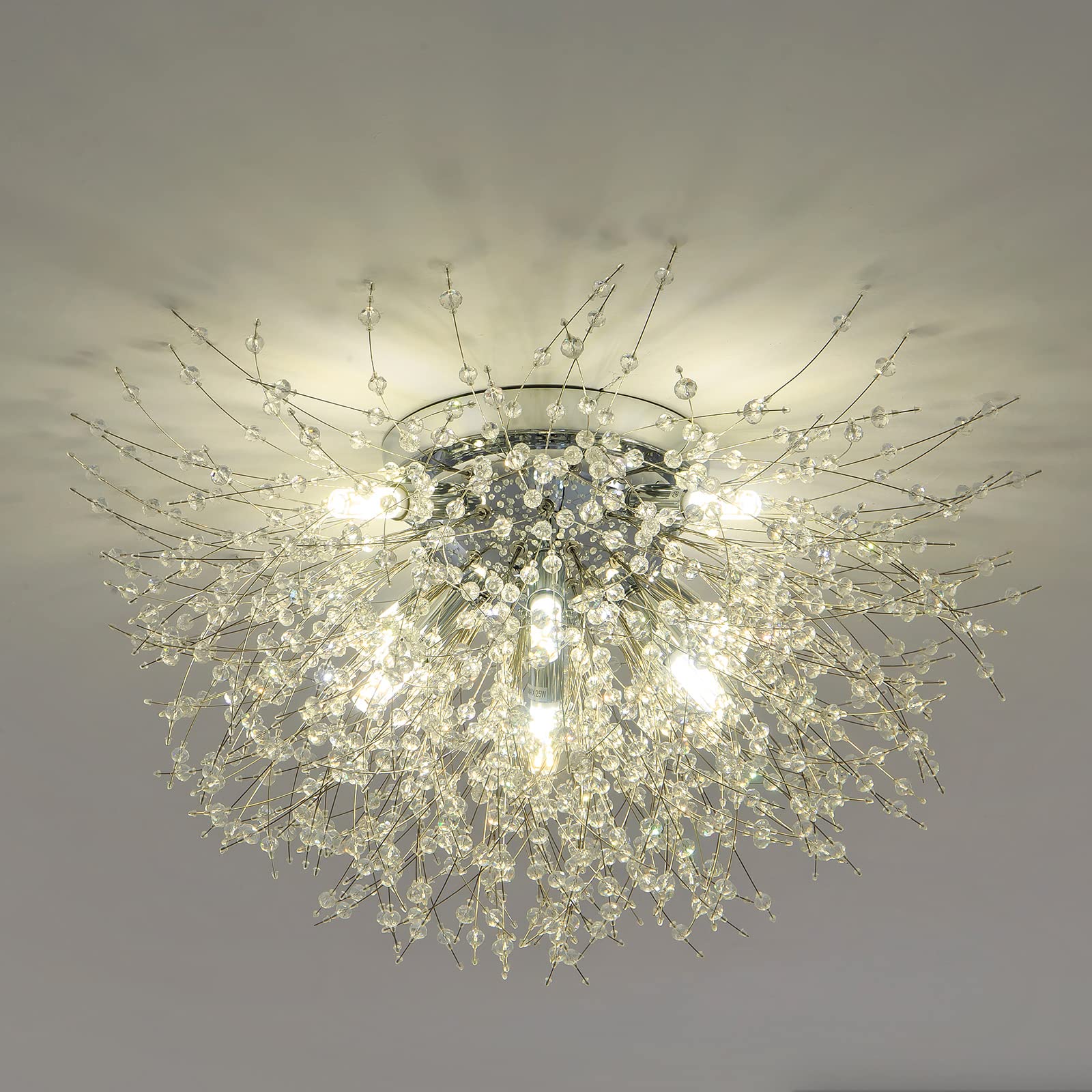 Sputnik Flush Mount Ceiling Light Fixtures, Modern Chrome Crystal Firework Chandelier, 8-Light Close to Ceiling Lighting Fixtures for Bedroom Kitchen Hallway Entryway(H11.8'' x W21.5'')
