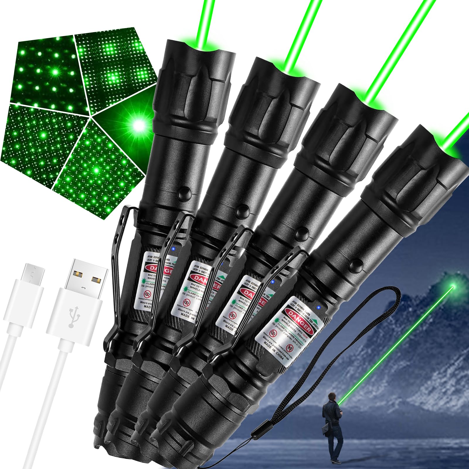 LETEAPII Green Light Flashlight, Long Range Rechargeable, Adjustable Focus, Aluminum, Black, Model GLS004, 4 Packs