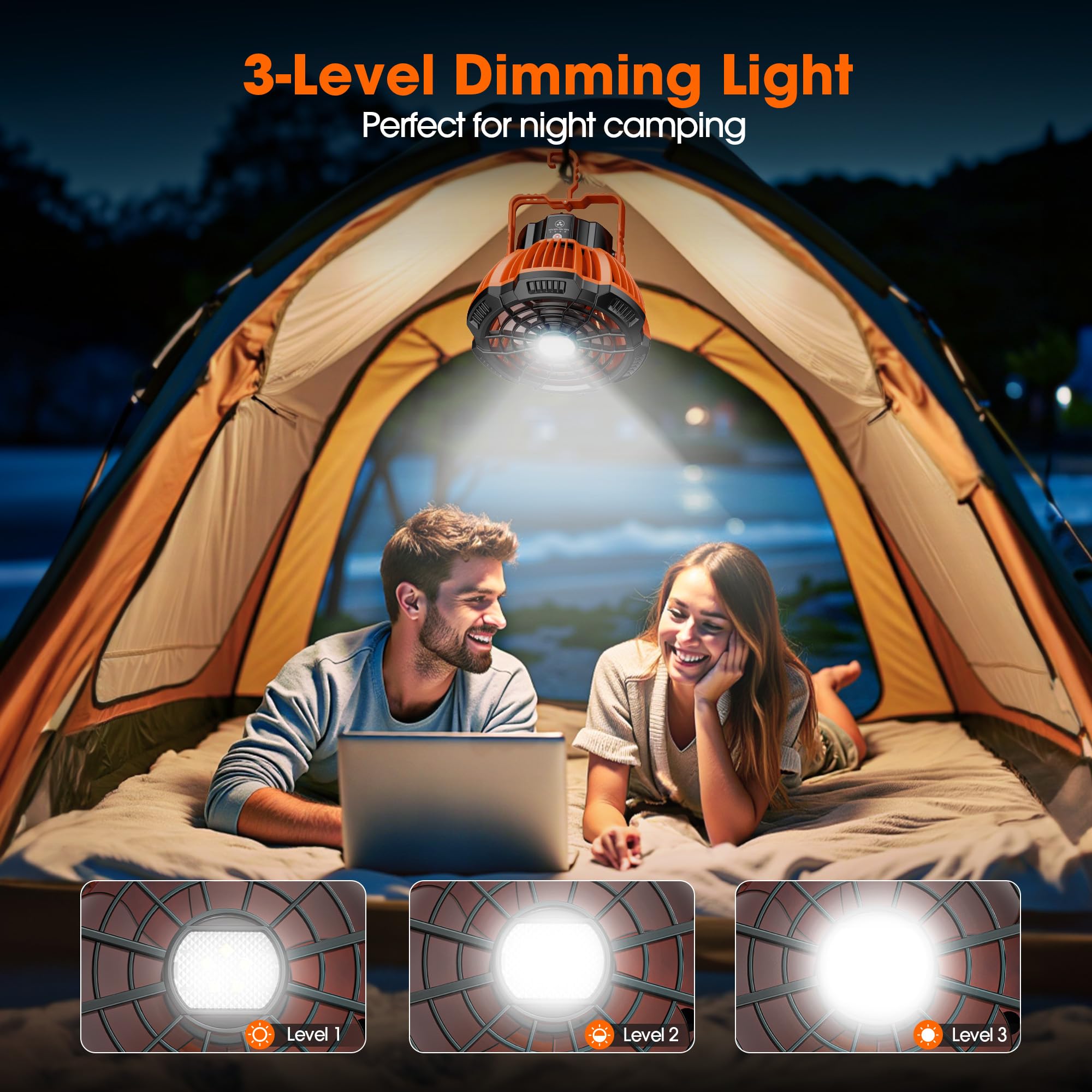 Drchop Portable Camping Fan & Lantern - Rechargeable 15000mAh, 40H Max, Large, Orange, Model X10 for Camping & Hiking Essentials