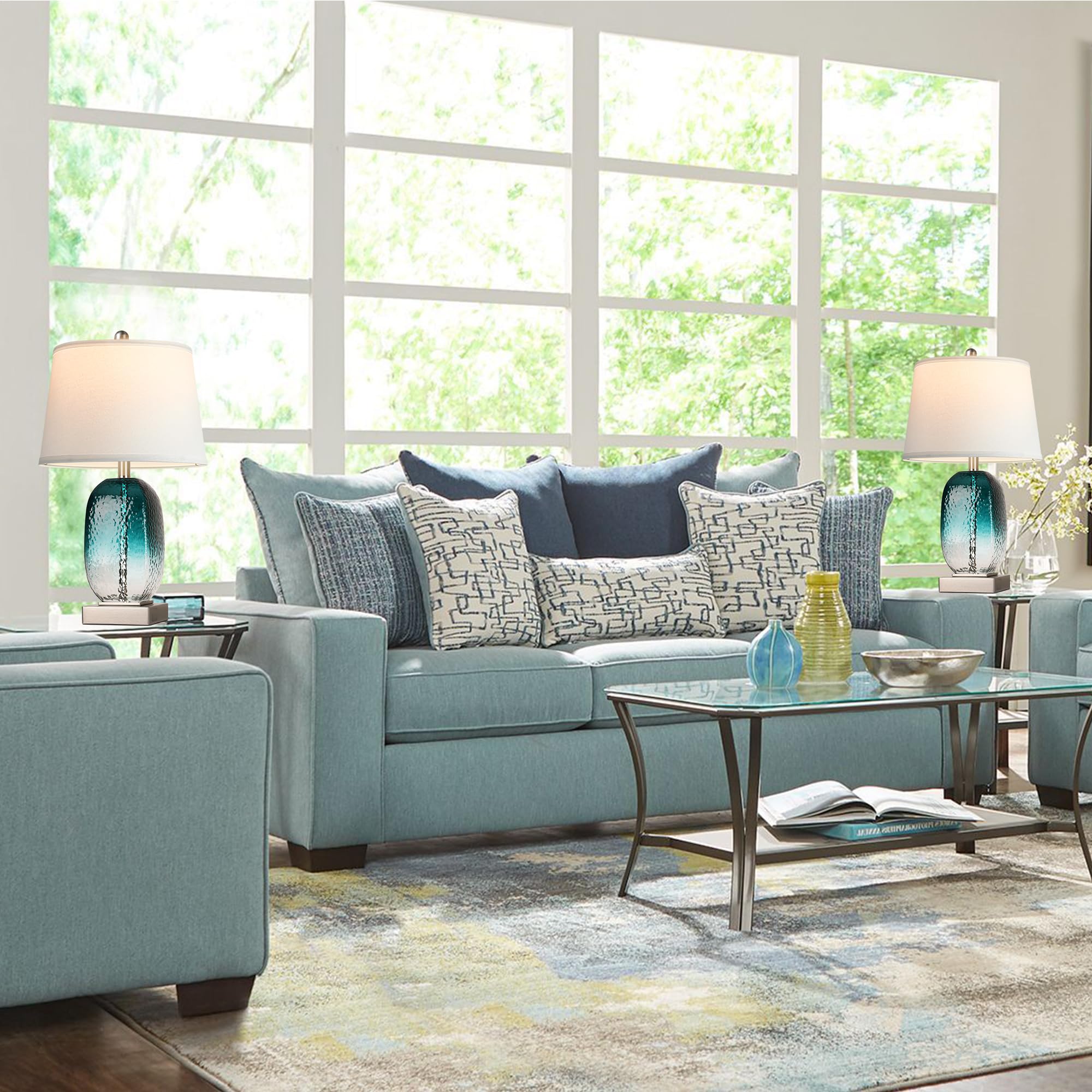 Partphoner Table Lamp Set Of 2 - Touch Control, 3-Way Dimmable, Teal Glass, Usb Ports, Led Bulbs Included, Modern Coastal Design