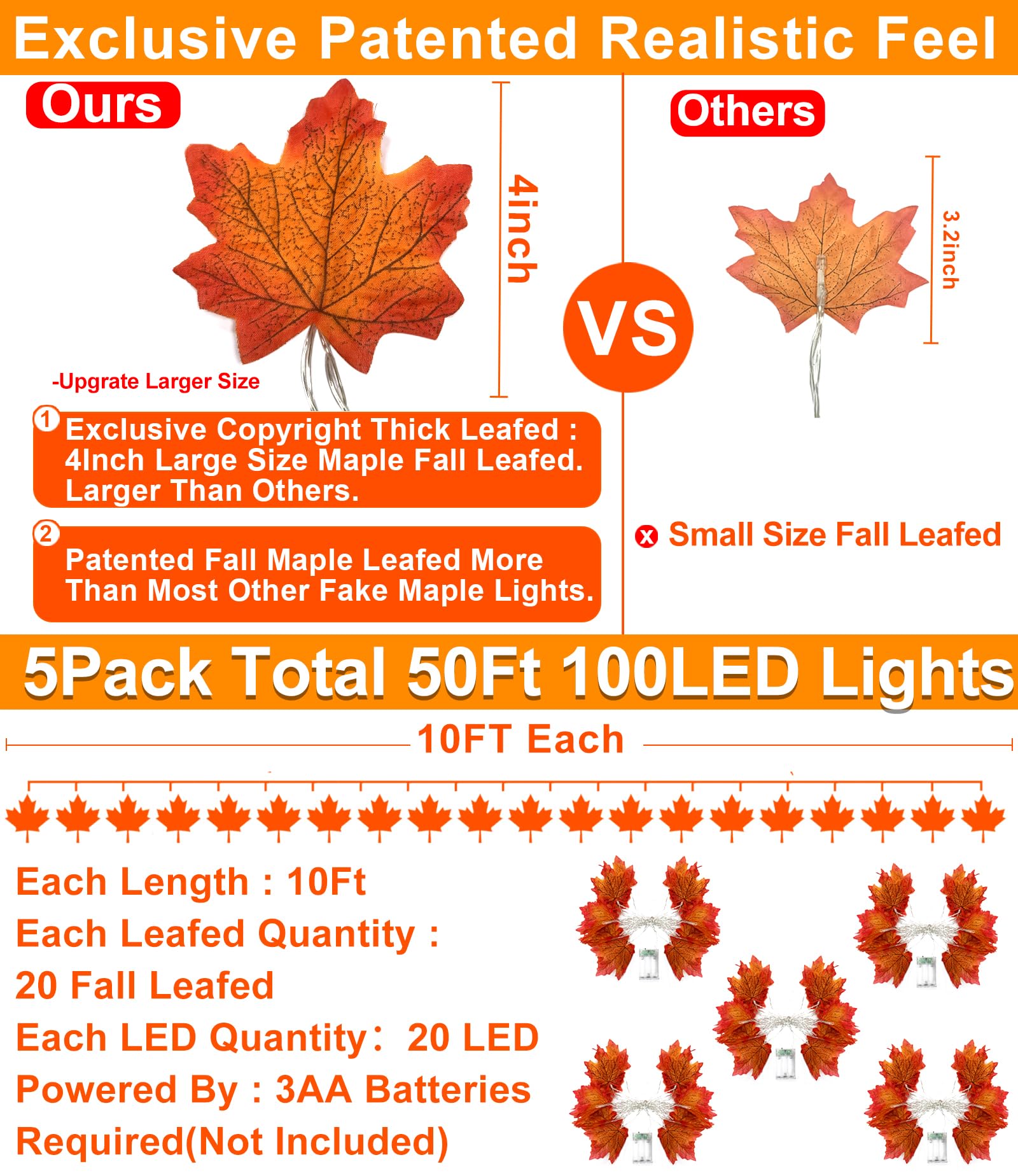 5 Pack Thanksgiving Decor Enlarged Maple Leafed Fall Garland With Lights, 50 Ft/100 Led Thanksgiving Garland Thanksgiving Lights Waterproof Battery Operated Fall Autumn Harvest Outdoor Indoor Home