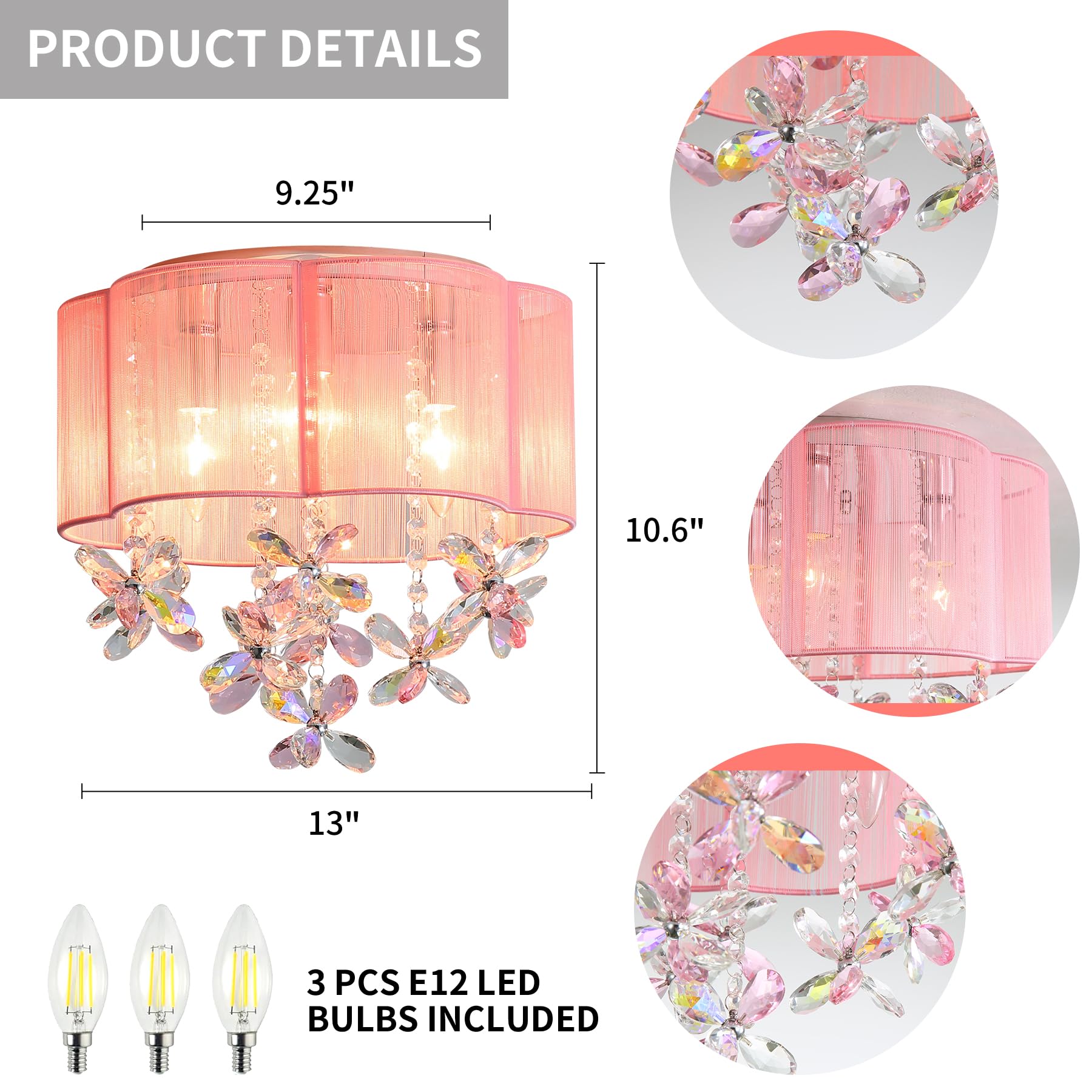 TRIBILLION 3 Light Pink Crystal Mini Chandelier 13" Flush Mount with Handmade Flower Lampshade for Girls' Bedroom, Nursery, Dinning Room