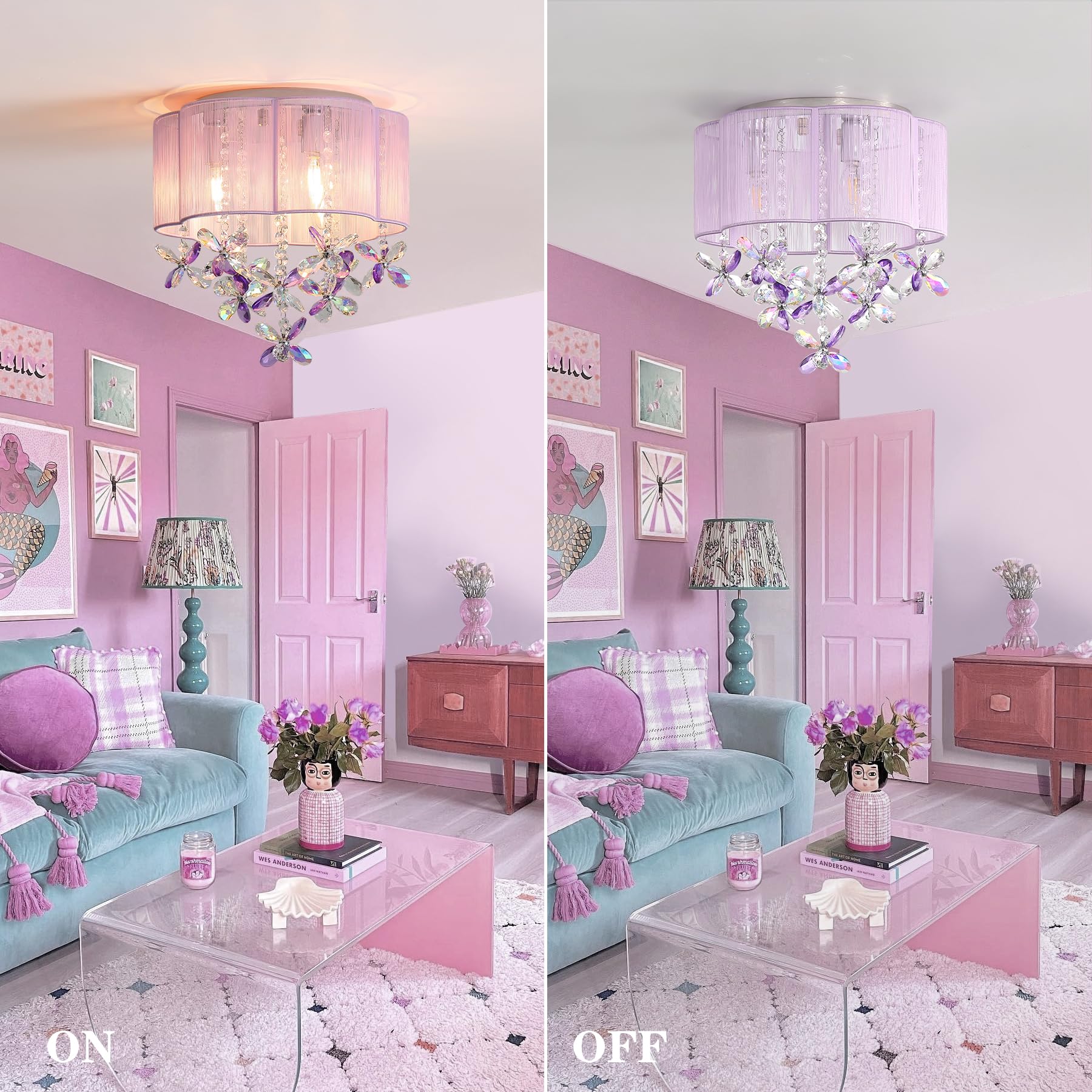 3 Light Bedroom Chandelier Ceiling Light Pink Lamp 13'' Small Crystal Mini Chandelier Flush Mount Ceiling Light With Handmade Fl