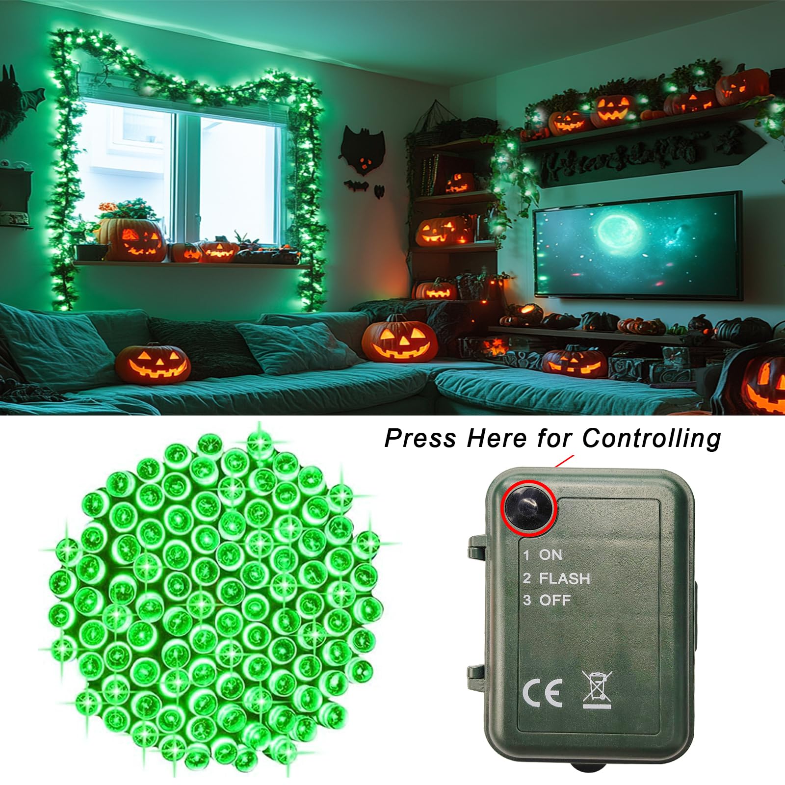 Green Christmas Lights Battery Powered  2 Pack Total 66.6 Ft 200 Led Green String Lights Indoor Outdoor Christmas Decoration  Twinkle Fairy Light For Classroom Home Party Room Xmas Tree Party Decor