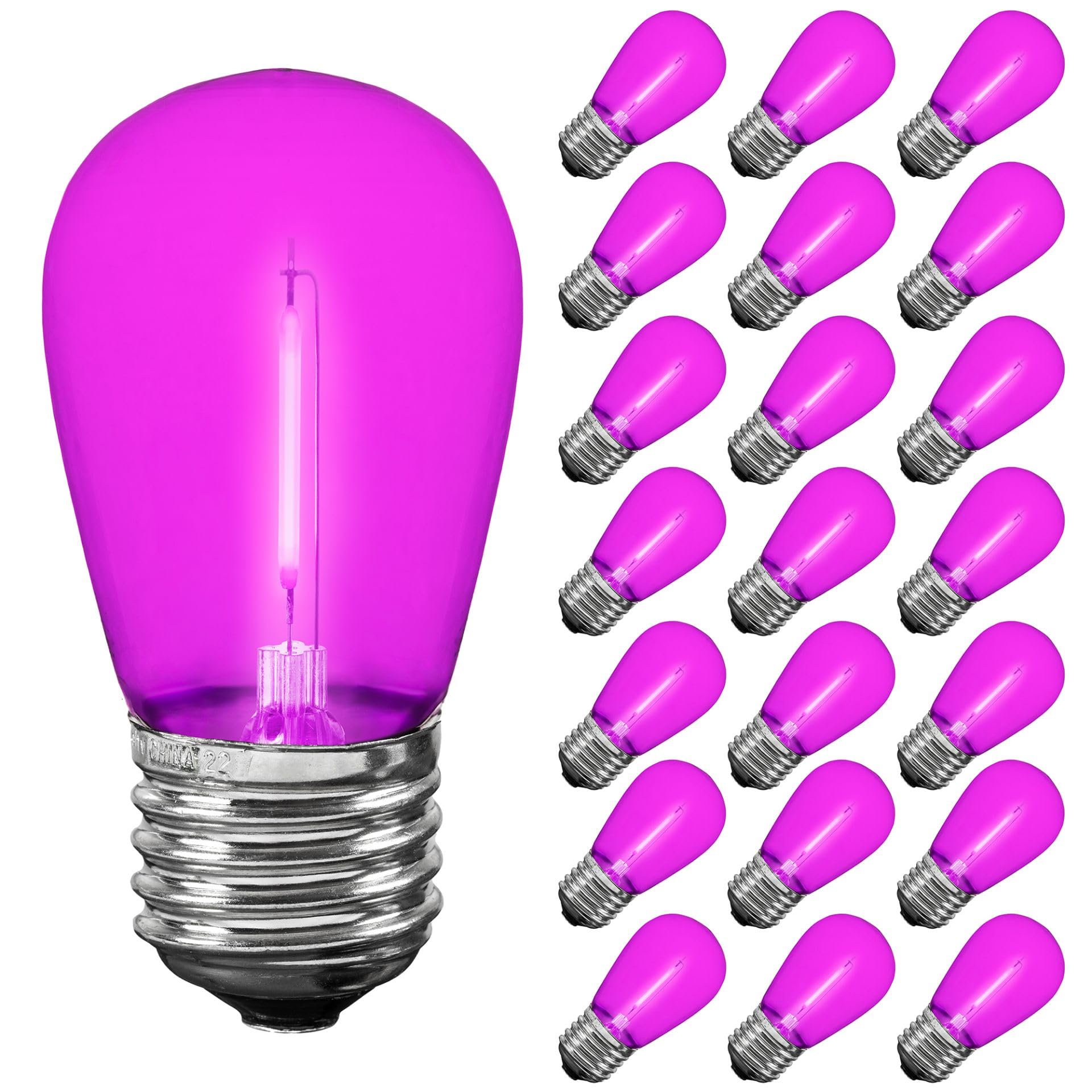 Novelty Lights S14 LED Outdoor String Light Replacement Bulbs, 25 Pack, Shatterproof Plastic, Pink, E26 Base, 30,000-Hour Lifespan