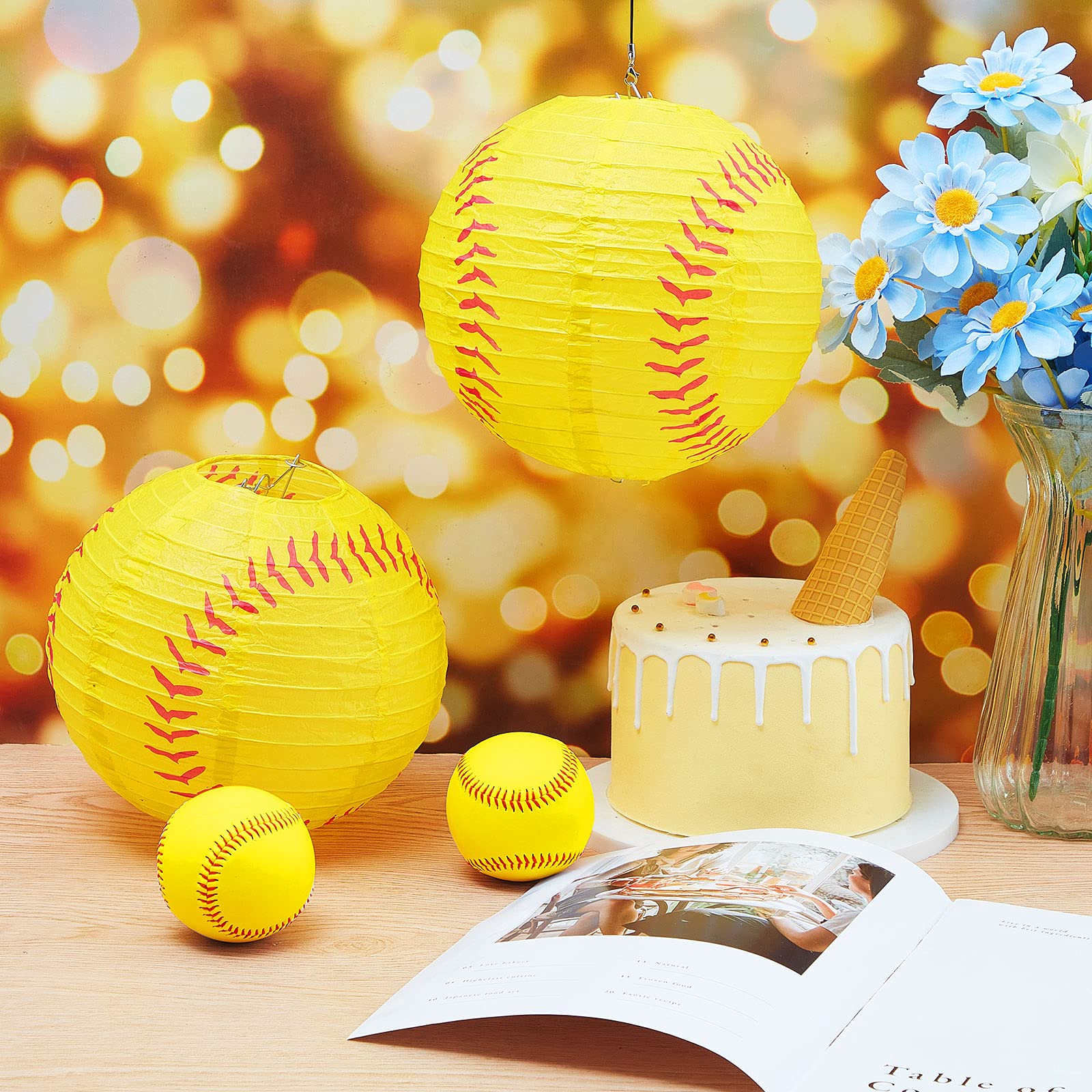 Riakrum Softball Lantern Decoration - 8 Inch Metal Hanging Lantern, Yellow and Red, Perfect for Sports-themed Parties and Celebrations
