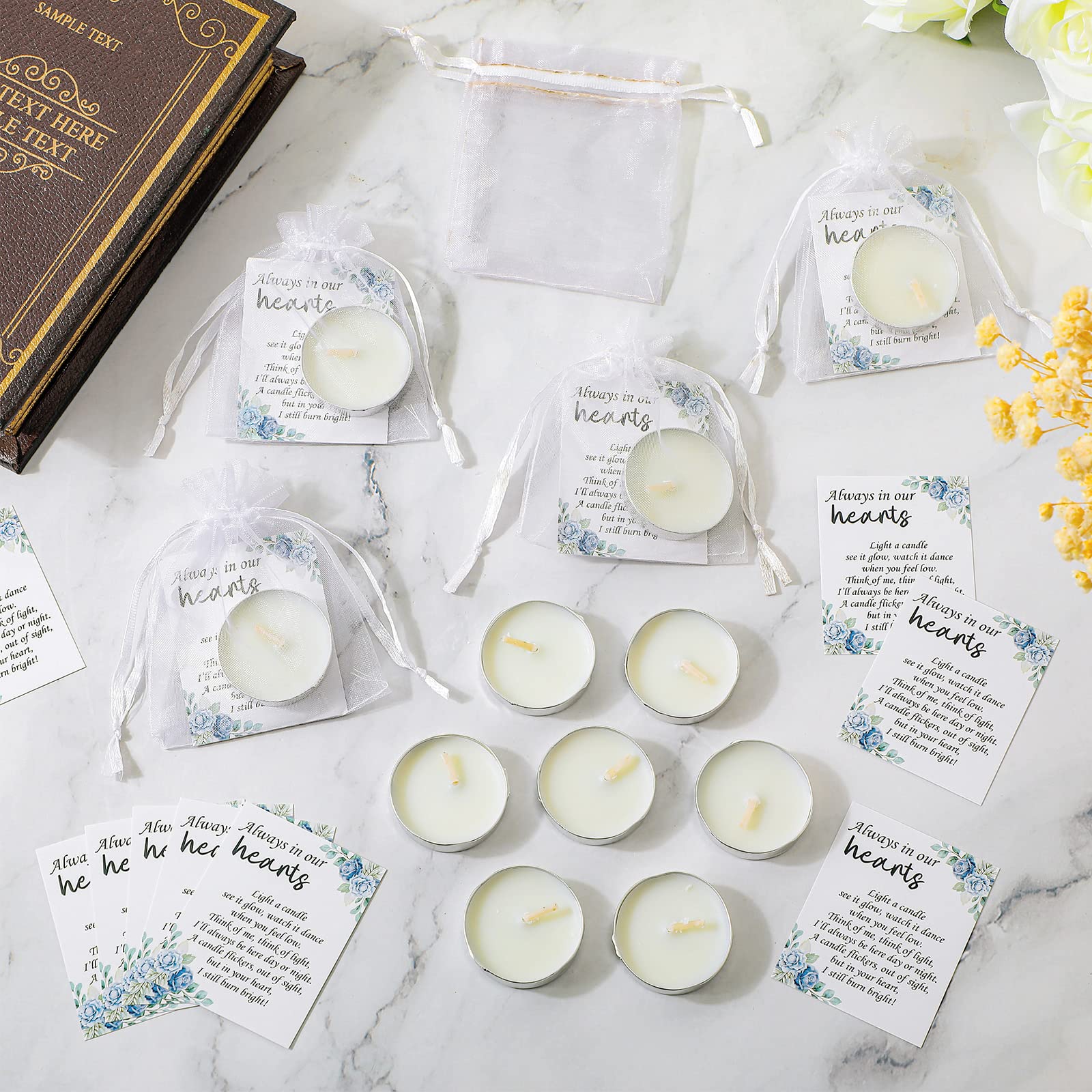 Coume 50 Set Unscented Tealight Candles - White Funeral Party Favors with Condolence Cards & Organza Bags for Life Celebrations