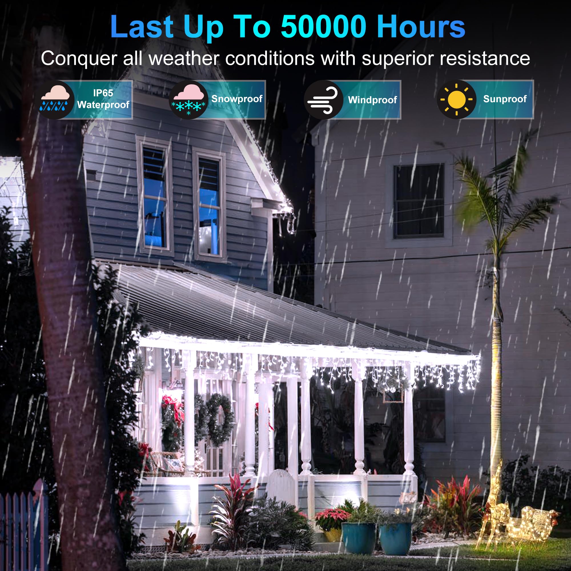 QUHUATU LED Christmas Outdoor Lights, 164ft Curtain Lights, 360 Drops, 8 Modes, Waterproof, Cool White, Model WX-1620L