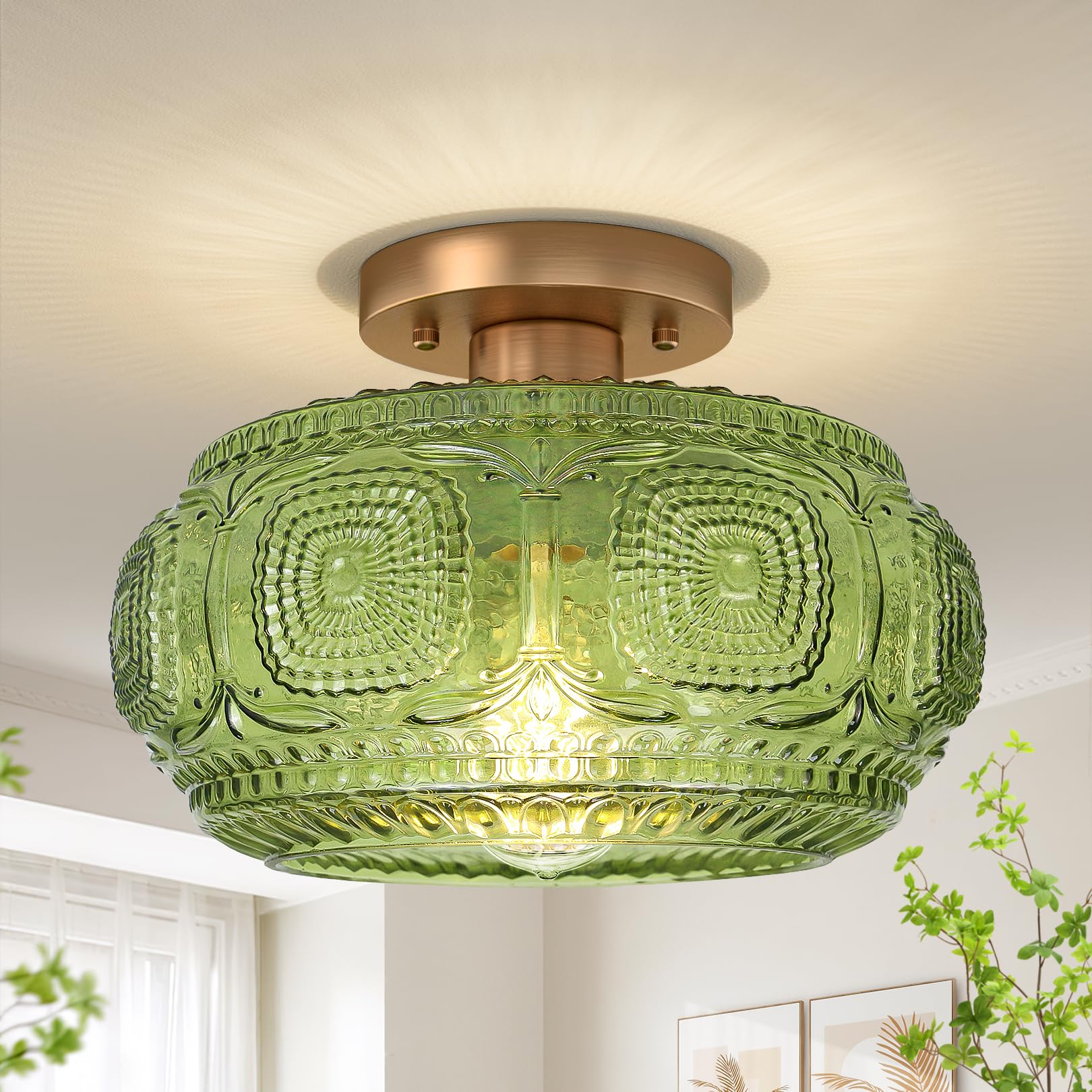 OYKYOHEI Semi Flush Mount Ceiling Light, Green Glass, 11.03 inch, Model 3022C, Vintage Design for Hallway, Kitchen, Bedroom, Dining Room