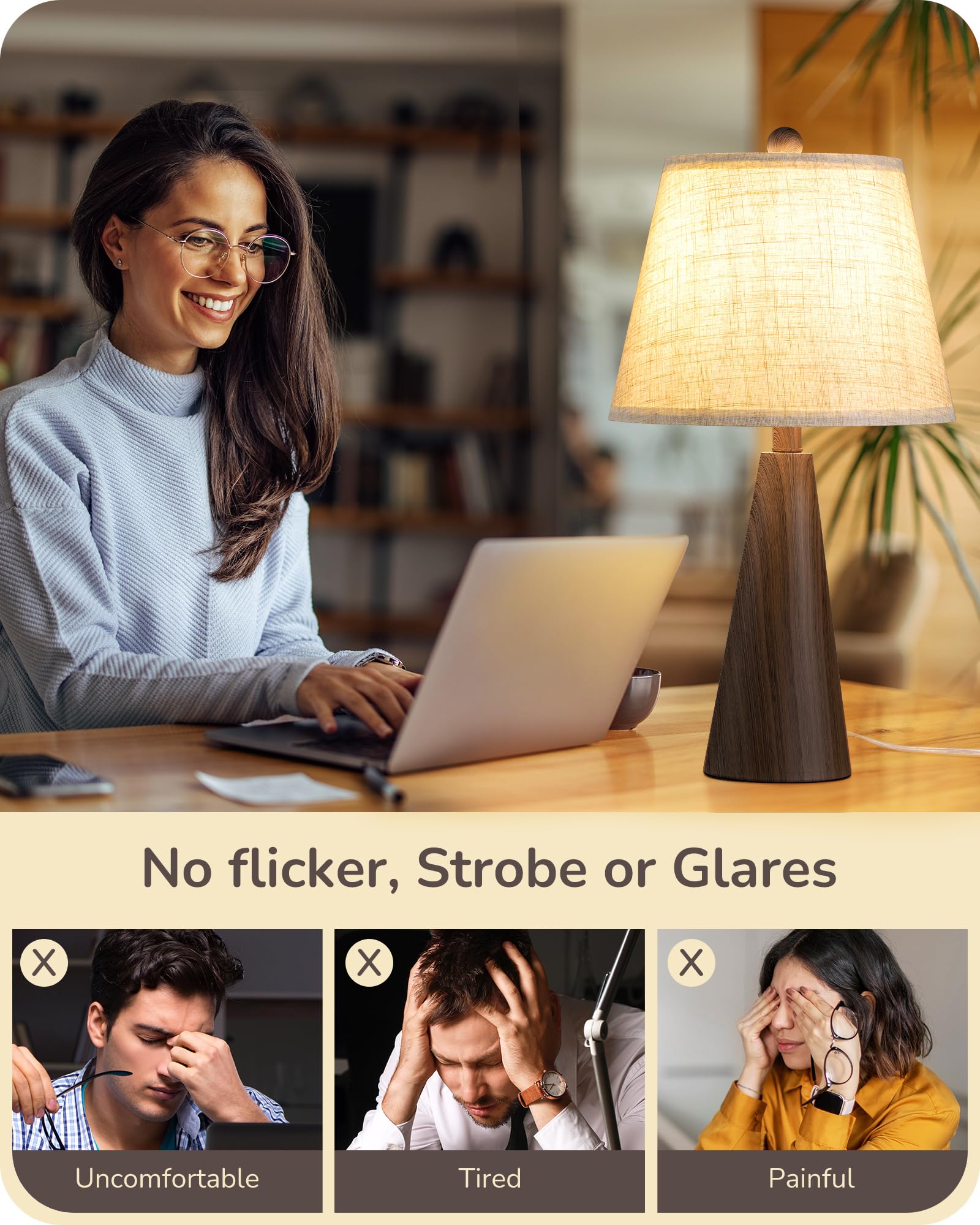 EDISHINE 21.85 Farmhouse Table Lamp, Rustic Bedside Lamp, Water Transfer Walnut Wood Grain Metal Base, Beige Linen Shade, Minima