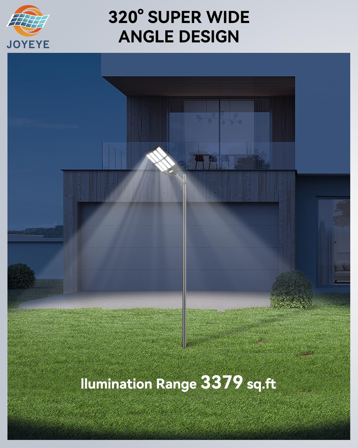 JOYEYE Solar Street Light 7000W with Motion Sensor & Remote Control, IP66 Waterproof, Black, Model TSL3201