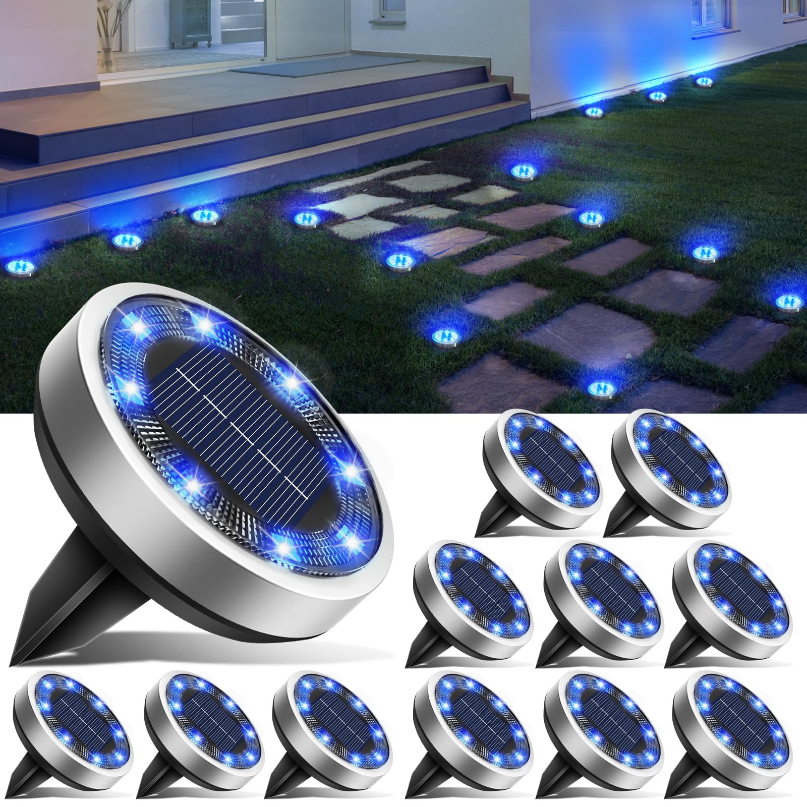 btfarm 16 Pack Solar Ground Lights Outdoor, 8 LED Solar Disc Lights IP65 Waterproof Flat Solar Lights, Pathway Lights Solar Powe