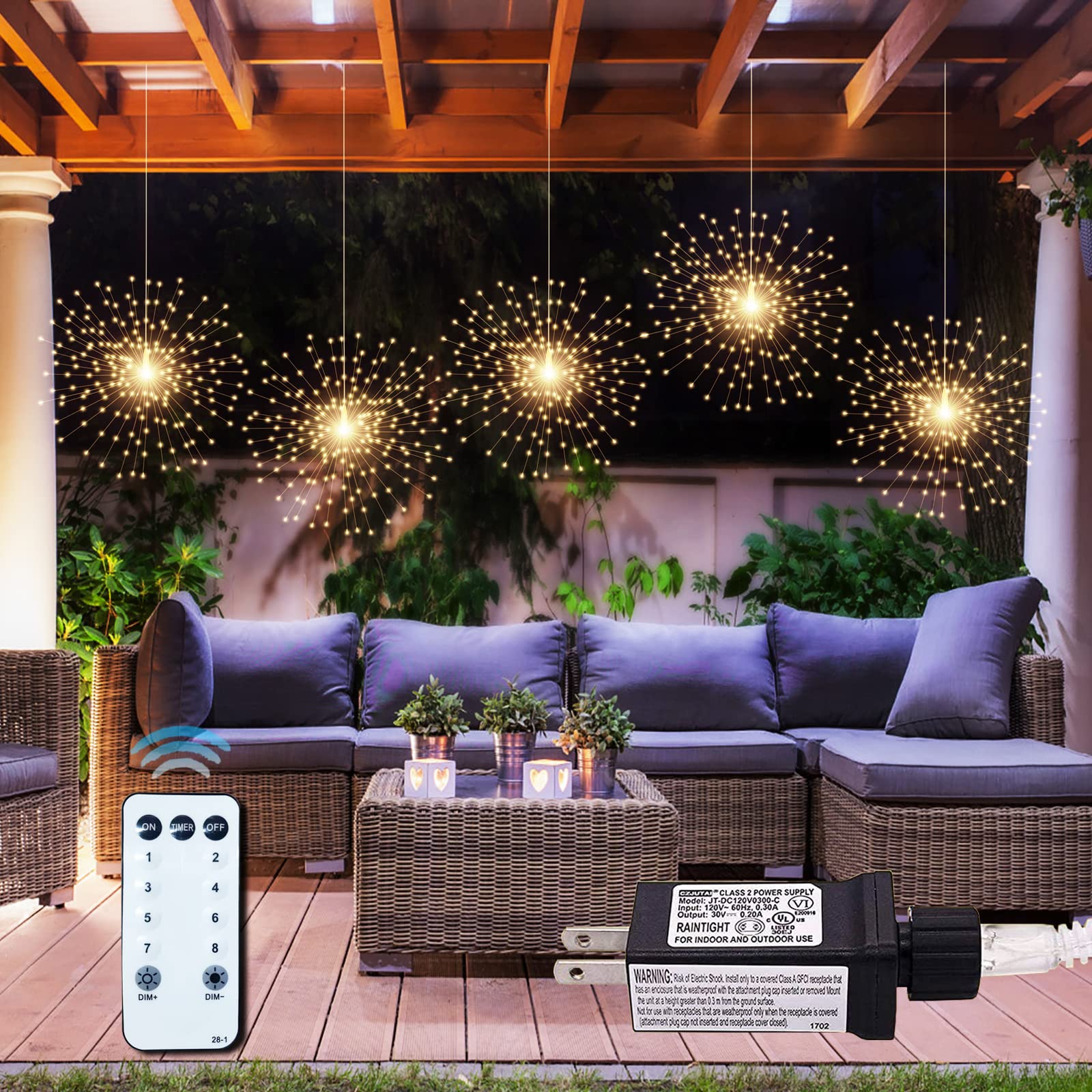 PXBNIUYA Starburst Sphere Lights, 1000LED, 8 Modes, Waterproof, Copper Wire, Warm White, Model YHD-001, 5 Pack