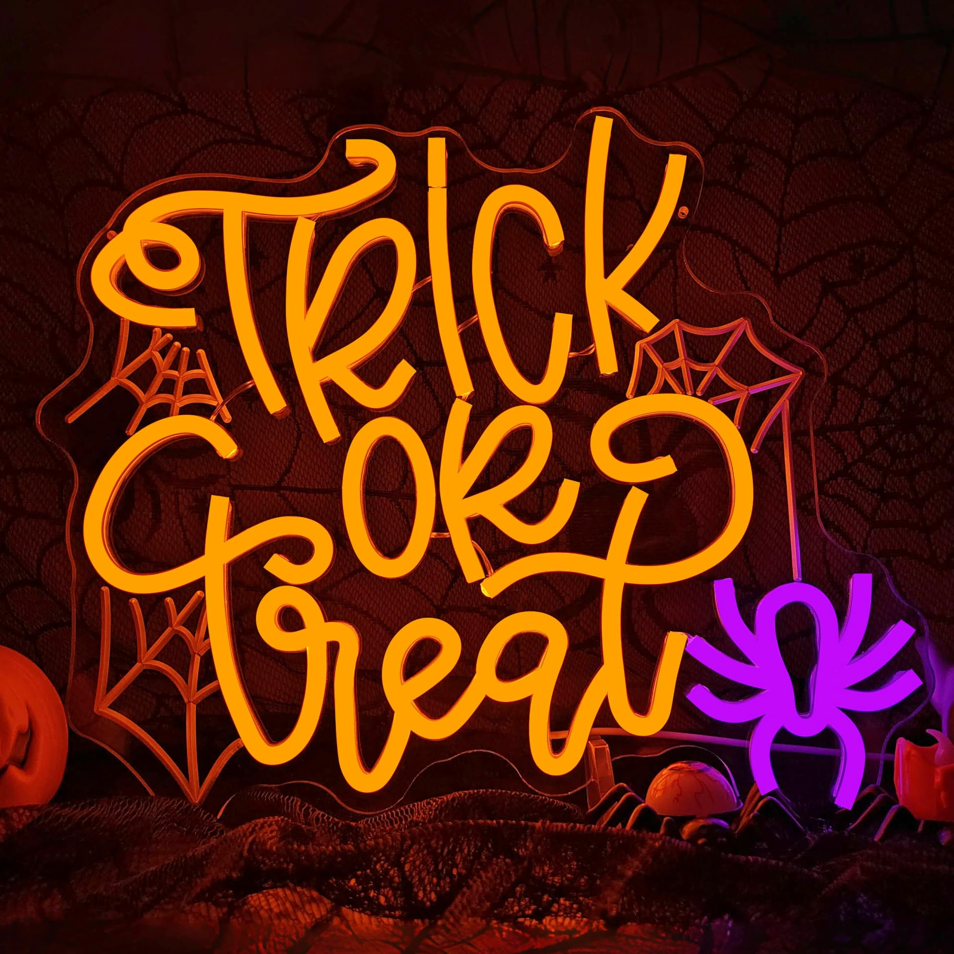 Cheunyar Halloween Neon Sign - Trick Or Treat Wall Decor, Dimmable LED Light, Colorful Acrylic Design