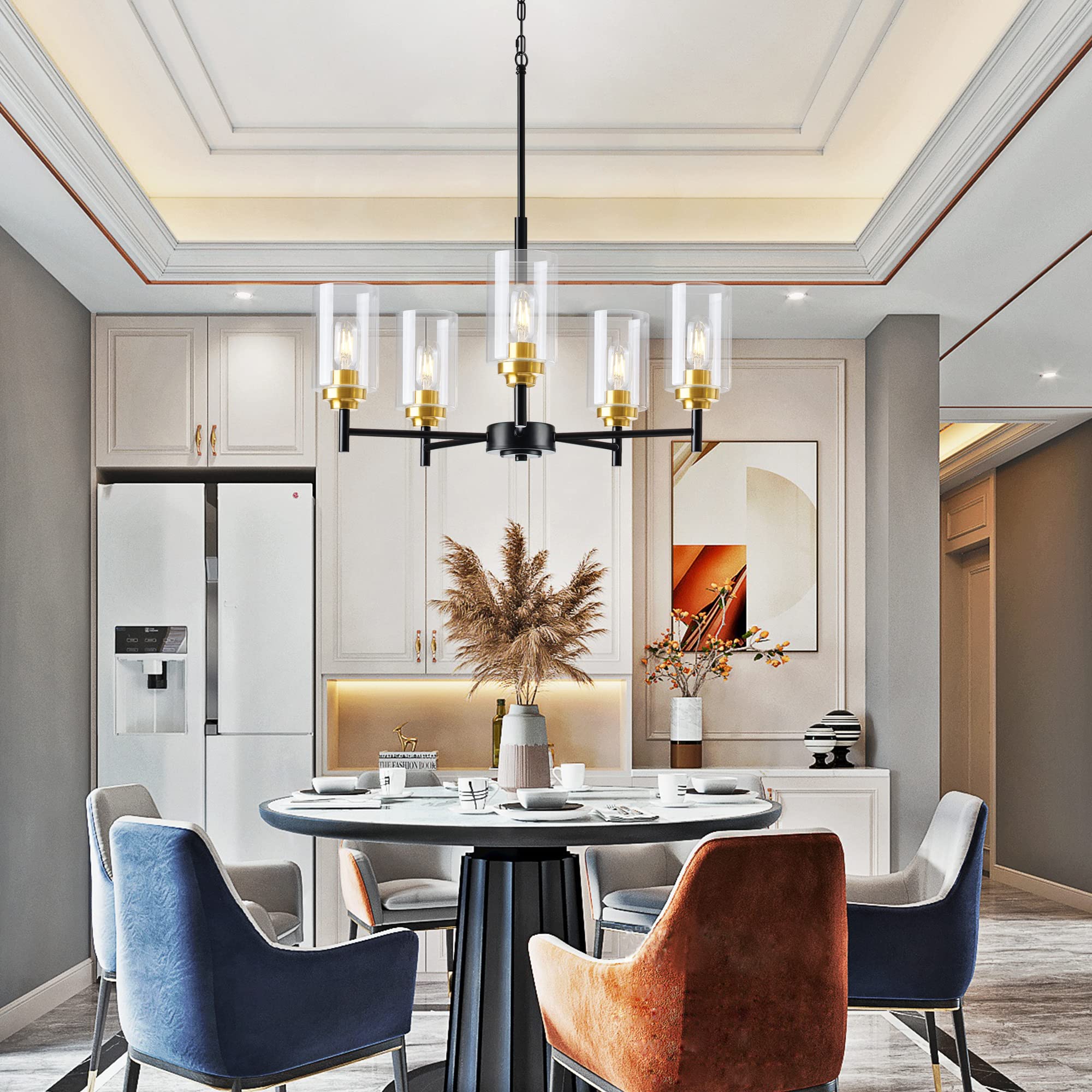 5 Lights Glass Farmhouse Chandeliers For Dining Room, Modern Kitchen Light Fixtures Over Table, Kitchen Island Pendant Ceiling Lighting , Black And Gold Hanging Light For Foyer Living Room Bedroom
