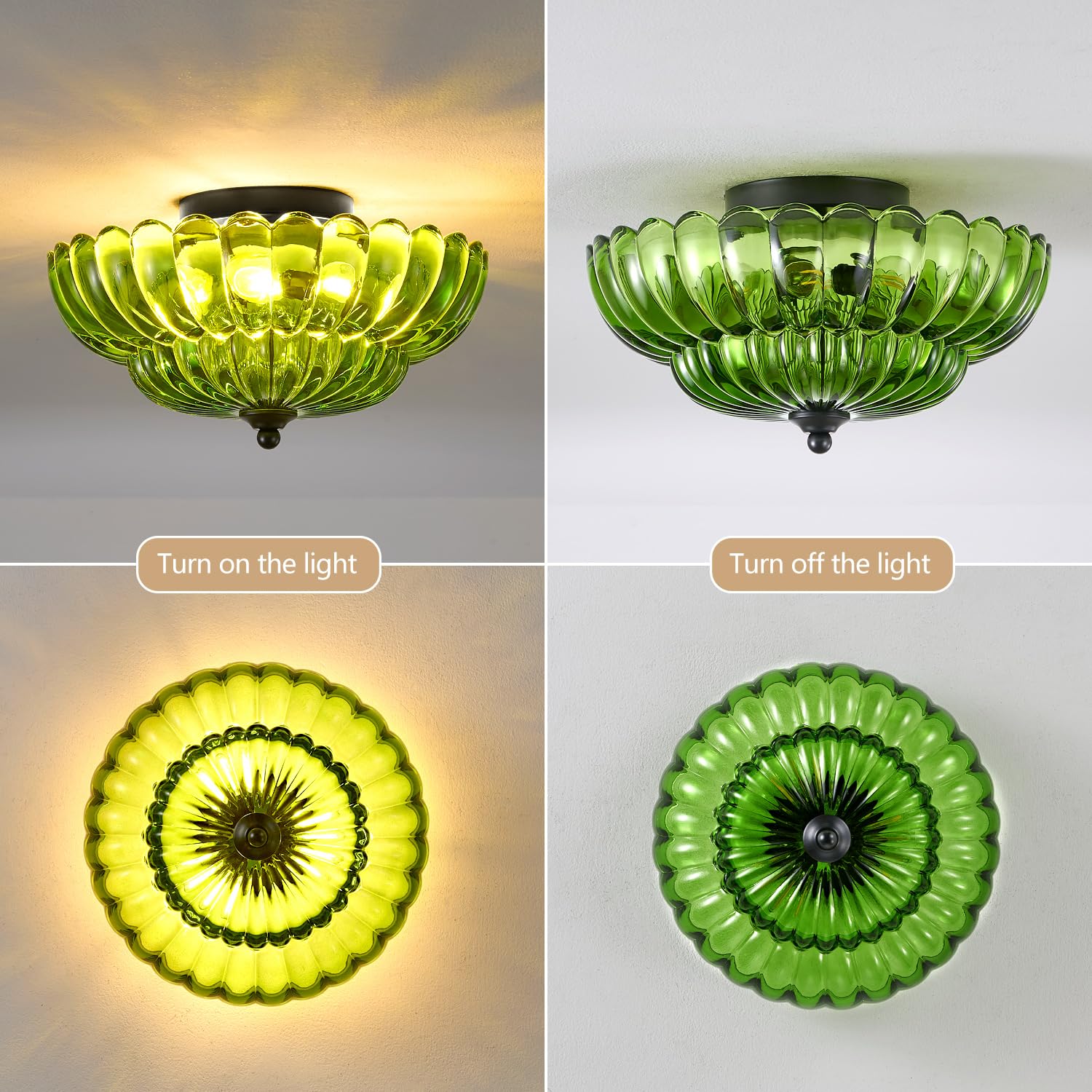 Modern Black Ceiling Light Fixture, 12'' Green Glass Flush Mount Chandeliers, Semi Flush Mount Ceiling Light Fixture Suitable Fo