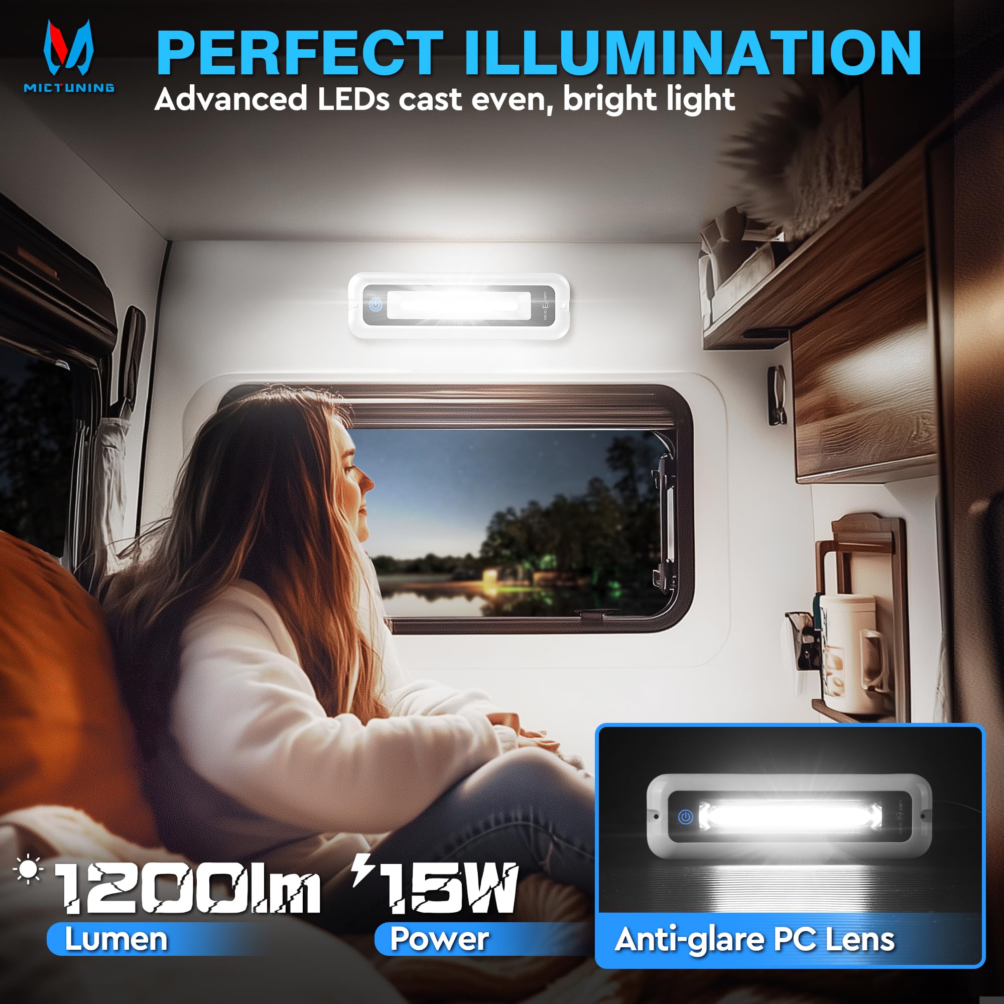 MICTUNING 8 Inch LED RV Porch Light, Touch Screen, Waterproof Aluminum, Indoor Use, 6000K White, 1 Pack