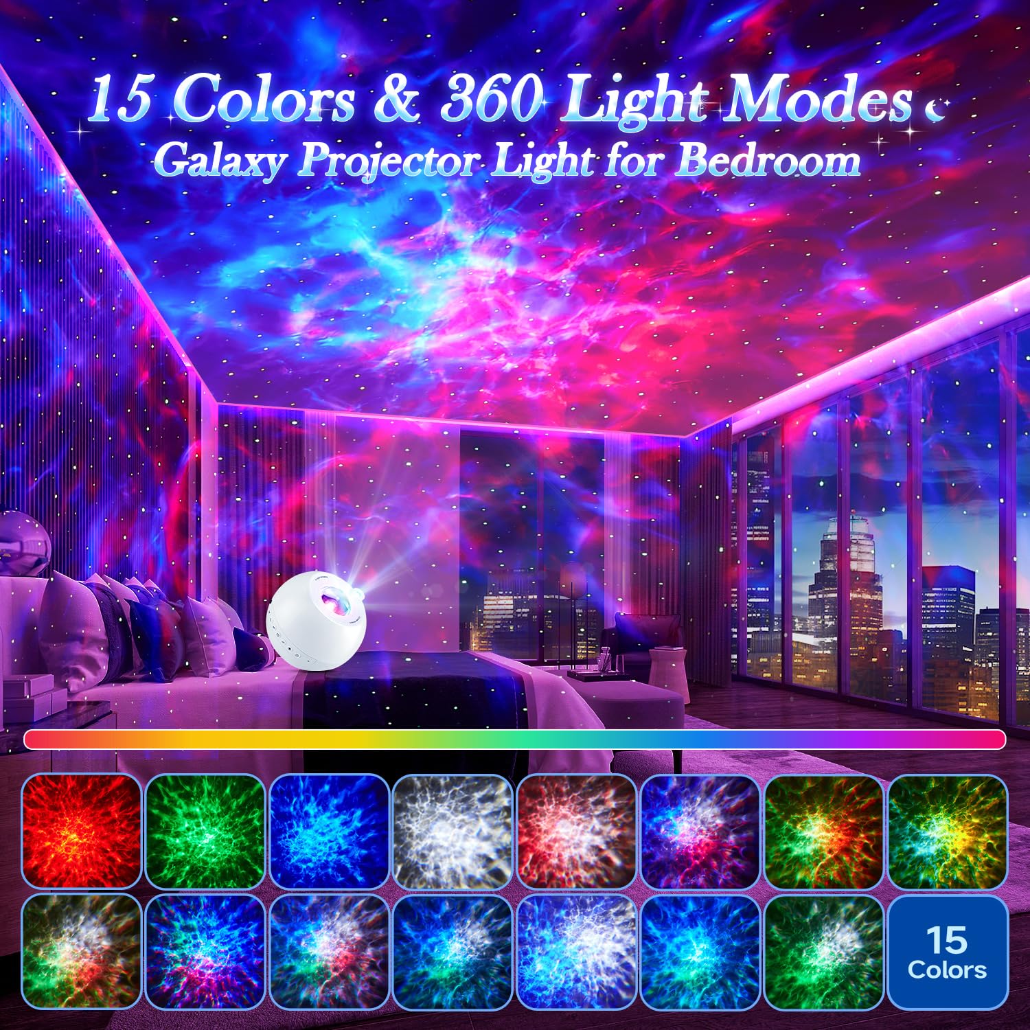 Star Projector Galaxy Light Projector ,15 Colors Star Lights For Ceiling Projector, 15 White Noises Galaxy Projector For Bedroom