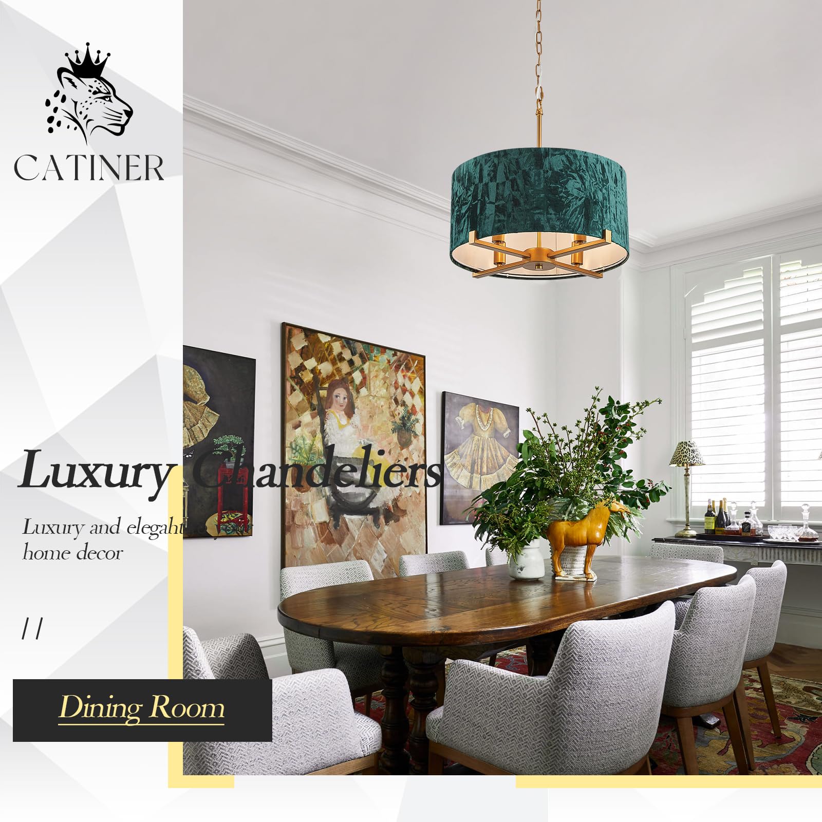 CATINER 4-Light Drum Pendant Chandelier, Vintage Gold & Emerald Green, 18” Round, Metal Velvet Shade, Model P96450GG1
