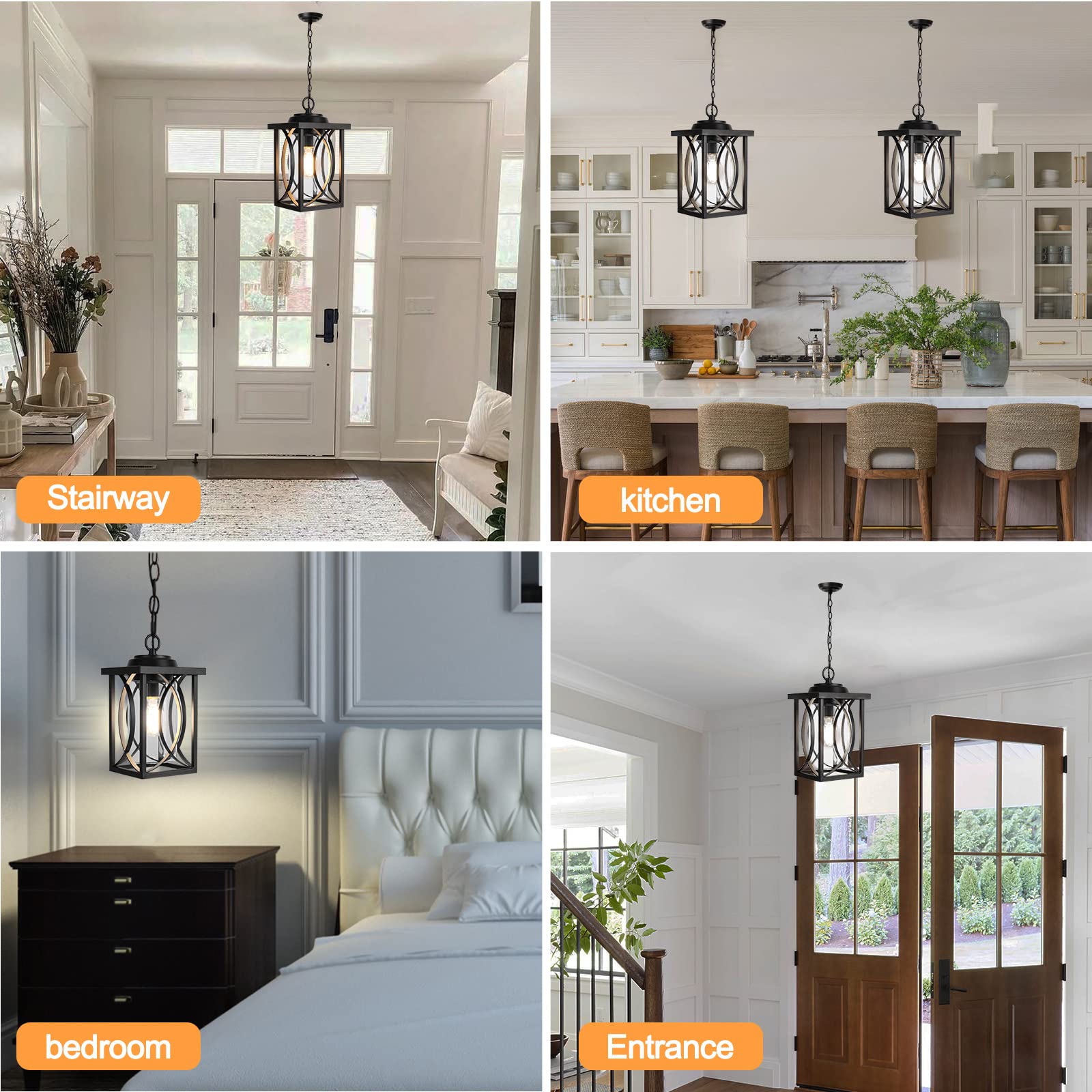 Partphoner Outdoor Pendant Light Fixture, Modern Black Exterior Hanging Lantern Anti-Rust Metal Hanging Lights With Clear Glass