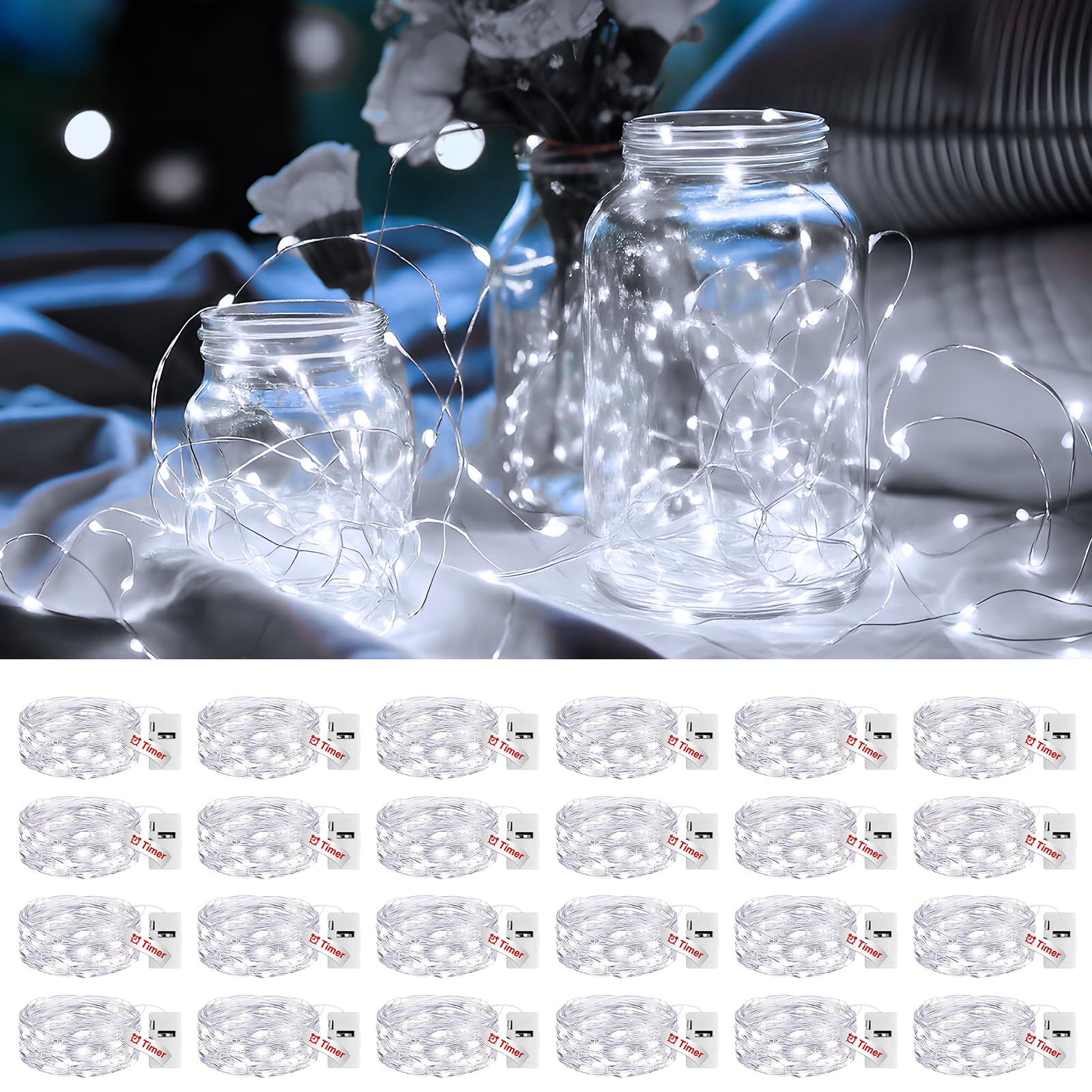 litogo 24 Pack Cool White Fairy Lights Battery Operated with Timer  20 LED 3 Modes Twinkle Light  7ft Waterproof Silver Wire Mini Small Bulk Mason Jar String Light  Decor for Wedding Party Christmas